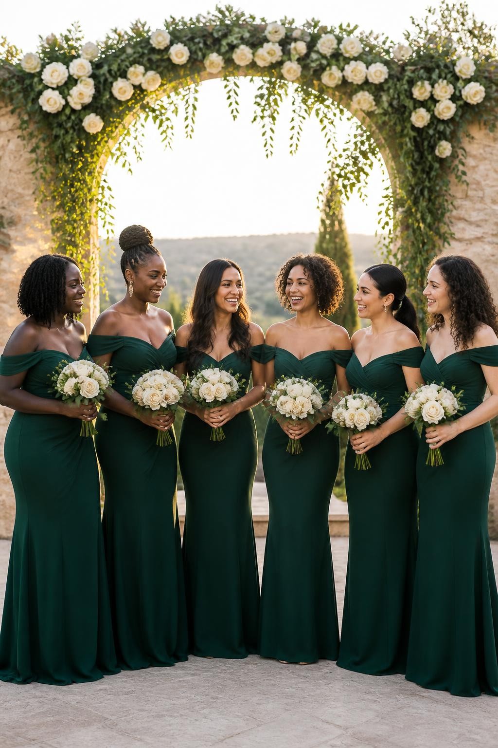 Realistic vineyard wedding photograph of six bridesmaids wearing emerald green off-shoulder gowns made from fine stretch mesh over opaque crepe lining, softly draped across the neckline and ruched diagonally through the bodices, with fluid floor-length skirts, women with deep ebony, rich brown, medium brown, golden tan, olive, and fair skin tones, varied ages, bust sizes, heights, and body shapes represented naturally, bright joyful faces with realistic skin texture, hairstyles including shoulder-length coils, wrapped braided bun, long waves, short curly bob, sleek ponytail, and natural curls, standing beneath an outdoor ceremony arch surrounded by ivory roses, green vines, pale stone walls, and warm sunset light, believable mesh transparency, subtle gathering, natural shadows, and relaxed interaction.