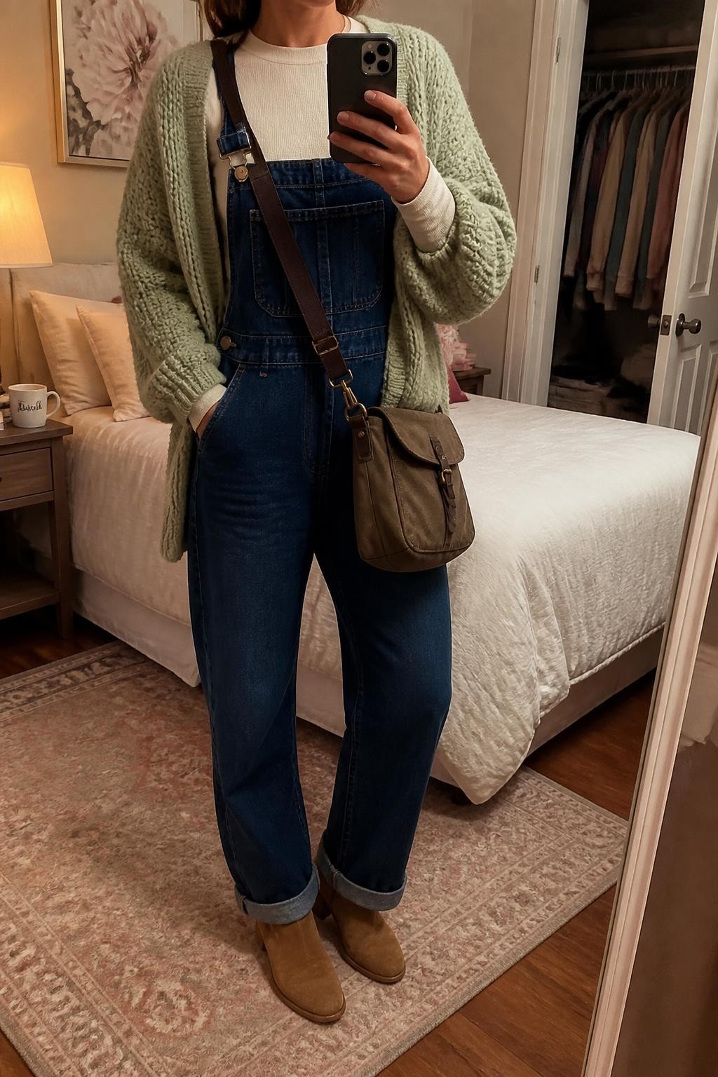Mirror selfie of a woman wearing a soft sage-green chunky-knit cardigan over dark indigo straight-leg denim overalls, a fitted cream long-sleeve top, tan suede ankle boots, and a brown canvas crossbody bag, clearly showing the exact clothing items, colors, fabrics, and accessories listed, holding a phone in front of a feminine-themed bedroom mirror, cropped at the neck so the face does not show, relaxed casual selfie pose, warm moody lighting, an open closet with clothes visible and a coffee mug on a bedside table, casual and realistic, latest iPhone photo quality.