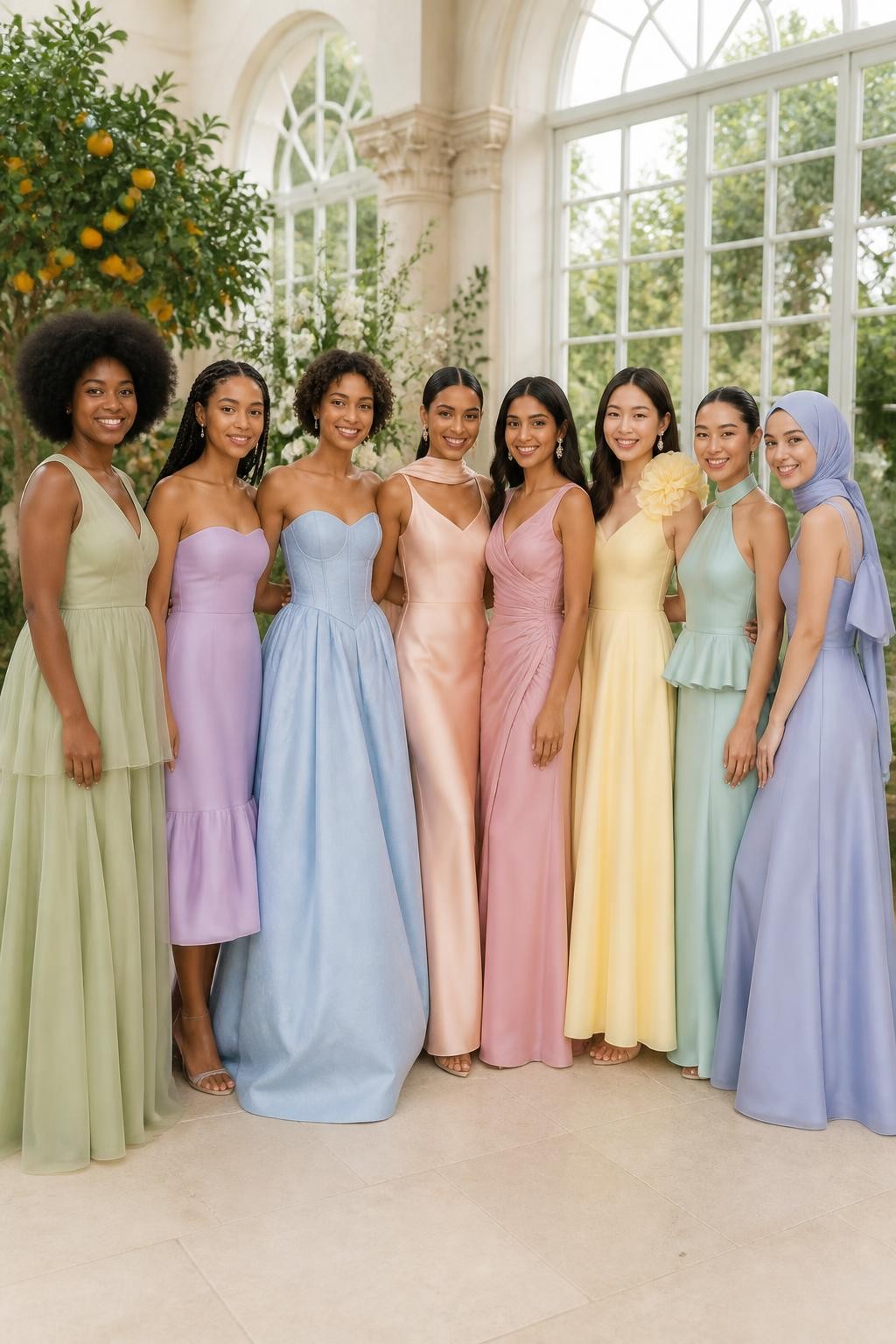 Realistic large bridal-party photograph of eight bridesmaids wearing mismatched pastel dresses in pistachio green, lilac, powder blue, pale peach, blush pink, butter yellow, seafoam, and periwinkle, modern silhouettes including a dropped-waist chiffon gown, strapless bubble-hem midi, basque-waist ball gown, scarf-neck satin slip, asymmetrical draped column, rosette-shoulder organza dress, halter peplum gown, and bow-back faille design, women with very deep brown, dark neutral brown, copper, golden tan, South Asian olive, East Asian fair, and pale freckled skin tones, broad variation in ages, heights, and body shapes, bright beautiful faces with genuine smiles and realistic texture, hairstyles including natural afros, long twists, box braids, sleek ponytails, short curls, soft waves, and a polished hijab, standing in a light-filled orangery with citrus trees, white flowers, pale limestone floors, and tall windows, soft daylight preserving each pastel shade accurately.