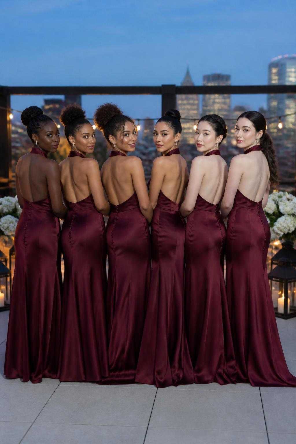 Realistic sophisticated wedding image of six bridesmaids wearing burgundy satin gowns with high gathered necklines, sleeveless shoulders, fitted waists, and elegant open backs secured with small covered buttons, women with very deep brown, dark brown, cinnamon, golden olive, East Asian fair, and pale rosy skin tones, bright poised faces with realistic skin and varied facial features, hair styled in sculptural buns, braided updos, natural puffs, and polished ponytails to reveal the back details, photographed on a modern hotel rooftop at dusk with warm city lights, black lanterns, white flowers, and a soft blue evening sky, realistic satin highlights and small wrinkles where the women move, editorial DSLR wedding photography.