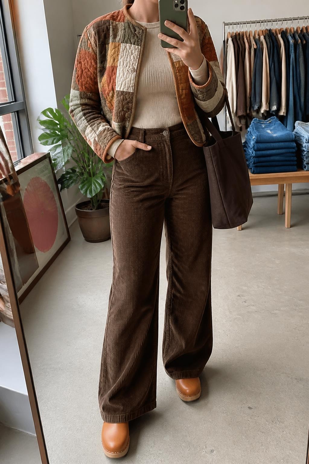 Mirror selfie of a woman wearing chocolate-brown wide-leg corduroy pants, a fitted oatmeal ribbed top, a cropped patchwork quilted jacket in rust, mustard, olive, and cream, tan leather clogs, and a dark brown canvas tote bag, clearly showing the exact clothing items, colors, fabrics, and accessories listed, holding a phone in front of a fashion studio mirror corner, cropped at the neck so the face does not show, relaxed casual selfie pose, natural window light, a clothing rack with garments behind and folded denim jeans on a bench, casual creative setting, latest iPhone photo quality.