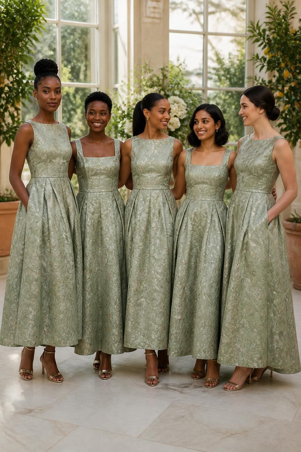 Realistic formal daytime wedding portrait of five bridesmaids wearing tonal sage jacquard dresses with woven vines, wildflowers, and abstract leaves, fitted bateau and square-neck bodices, softly pointed waistlines, and full ankle-length skirts, women with deep cool brown, rich warm brown, caramel, South Asian olive, and pale neutral complexions, naturally varied ages, heights, and body shapes, bright poised faces with distinctive features and realistic makeup, hairstyles including a high braided bun, cropped coils, glossy ponytail, shoulder-length waves, and classic chignon, standing inside a bright orangery with tall windows, potted citrus trees, ivory flowers, and pale limestone flooring, angled sunlight revealing the woven botanical design without excessive shine, authentic fabric stiffness, deep skirt folds and elegant heels visible.