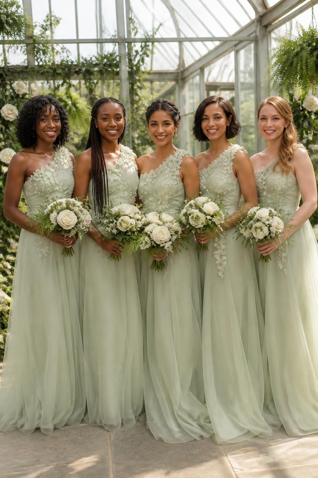 Realistic greenhouse wedding portrait of five bridesmaids wearing pale sage organza gowns with handmade three-dimensional sweet pea flowers positioned asymmetrically over one shoulder and scattered lightly across the upper bodice, fitted opaque linings, softly shaped waists, and airy layered floor-length skirts, women with deep mahogany, rich brown, medium golden, olive, and fair peach skin tones, naturally varied ages and body proportions, bright beautiful faces with individual smiles and realistic skin highlights, hairstyles including springy coils, long braids, twisted updo, polished bob, and loose waves, standing inside a glass botanical greenhouse filled with white roses, climbing greenery, ferns, and diffused daylight, translucent sage fabric catching light softly, individual petals casting tiny natural shadows, visible hand-finished flower edges, believable skirt layers and gentle movement.
