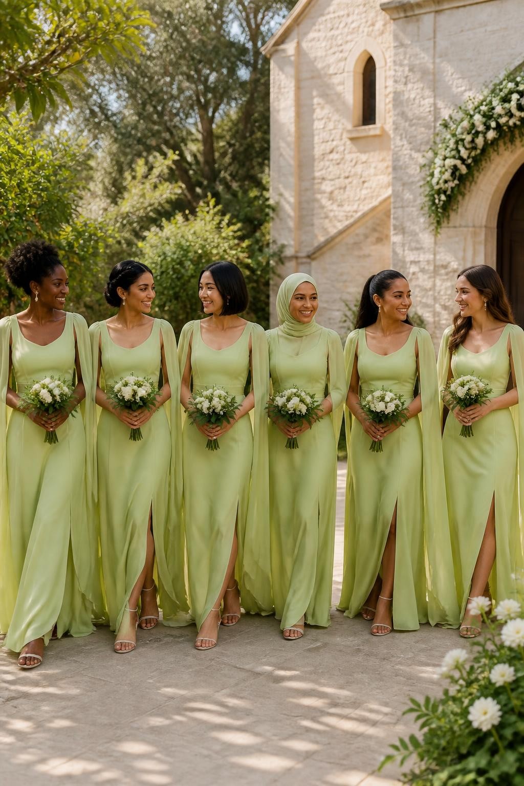 Realistic outdoor wedding photograph of six bridesmaids wearing soft key-lime chiffon gowns with clean square and scoop necklines, fitted opaque bodices, lightly gathered waists, and long split cape sleeves flowing from the shoulders to near the floor, women of West African, South Asian, East Asian, Middle Eastern, Latina, and European appearance with deep, golden brown, olive, tan, medium beige, and fair complexions, bright expressive faces with individual features, realistic pores and natural makeup, hairstyles including natural coils, a braided crown, neatly wrapped hijab, polished ponytail, sleek bob, and loose waves, walking beside a pale limestone chapel surrounded by mature trees, white flowers, and citrus greenery, gentle breeze lifting the chiffon panels naturally, believable transparency, soft shadows, accurate hands, and relaxed movement.