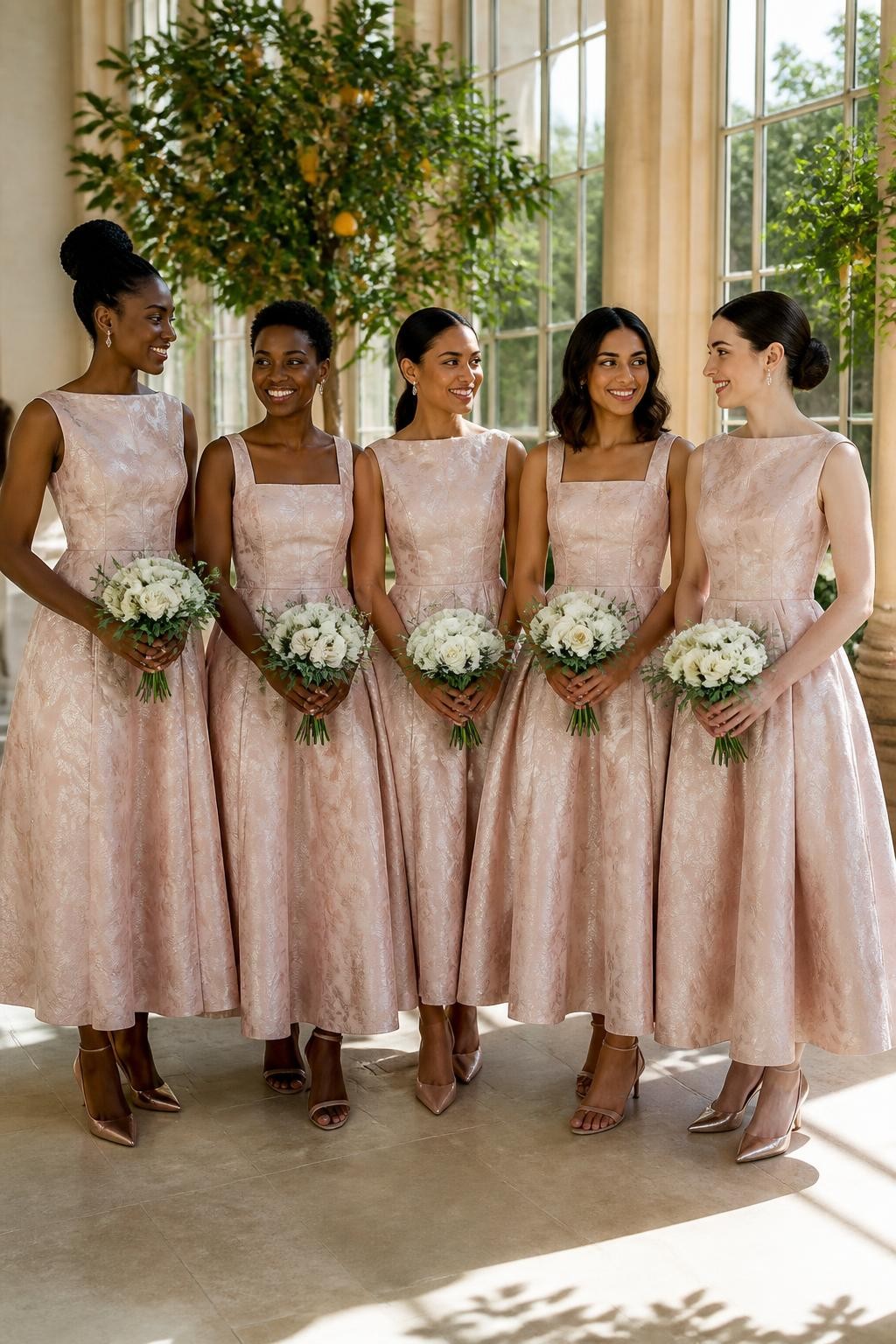 Realistic formal daytime wedding portrait of five bridesmaids wearing blush pink jacquard gowns with tonal woven roses, curling vines, and abstract petals, fitted bateau and square-neck bodices, softly pointed waistlines, and full ankle-length skirts, women with deep cool brown, rich warm brown, caramel, South Asian olive, and pale neutral complexions, naturally varied ages, heights, and body shapes, bright poised faces with distinctive features and realistic makeup, hairstyles including a high braided bun, cropped coils, glossy ponytail, shoulder-length waves, and classic chignon, standing inside a bright orangery with tall windows, potted citrus trees, ivory flowers, and pale limestone flooring, angled sunlight revealing the woven botanical design without excessive shine, realistic fabric stiffness, deep skirt folds, and elegant heels visible.