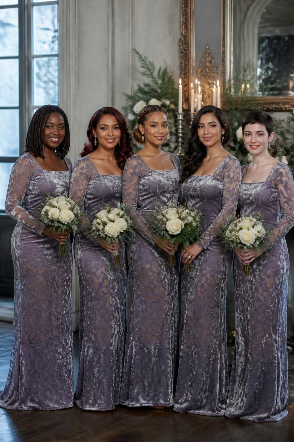 Realistic cool-season wedding portrait of five bridesmaids wearing silver-lavender velvet burnout gowns with semi-sheer floral patterns woven through the long sleeves and upper skirts, wide square necklines, fitted waists, and soft floor-length column silhouettes, women with very deep brown, warm mahogany, medium golden, olive, and pale rosy skin tones, bright elegant faces with realistic pores and softly defined makeup, hairstyles including shoulder-length locs, sculpted curls, low braided bun, glossy waves, and short pixie cut, standing inside a historic reception hall with pale grey walls, ivory taper candles, white roses, antique silver mirrors, and evergreen foliage, cool window light mixed with warm candlelight revealing the raised velvet flowers and transparent sections, believable creases around the elbows and waist.
