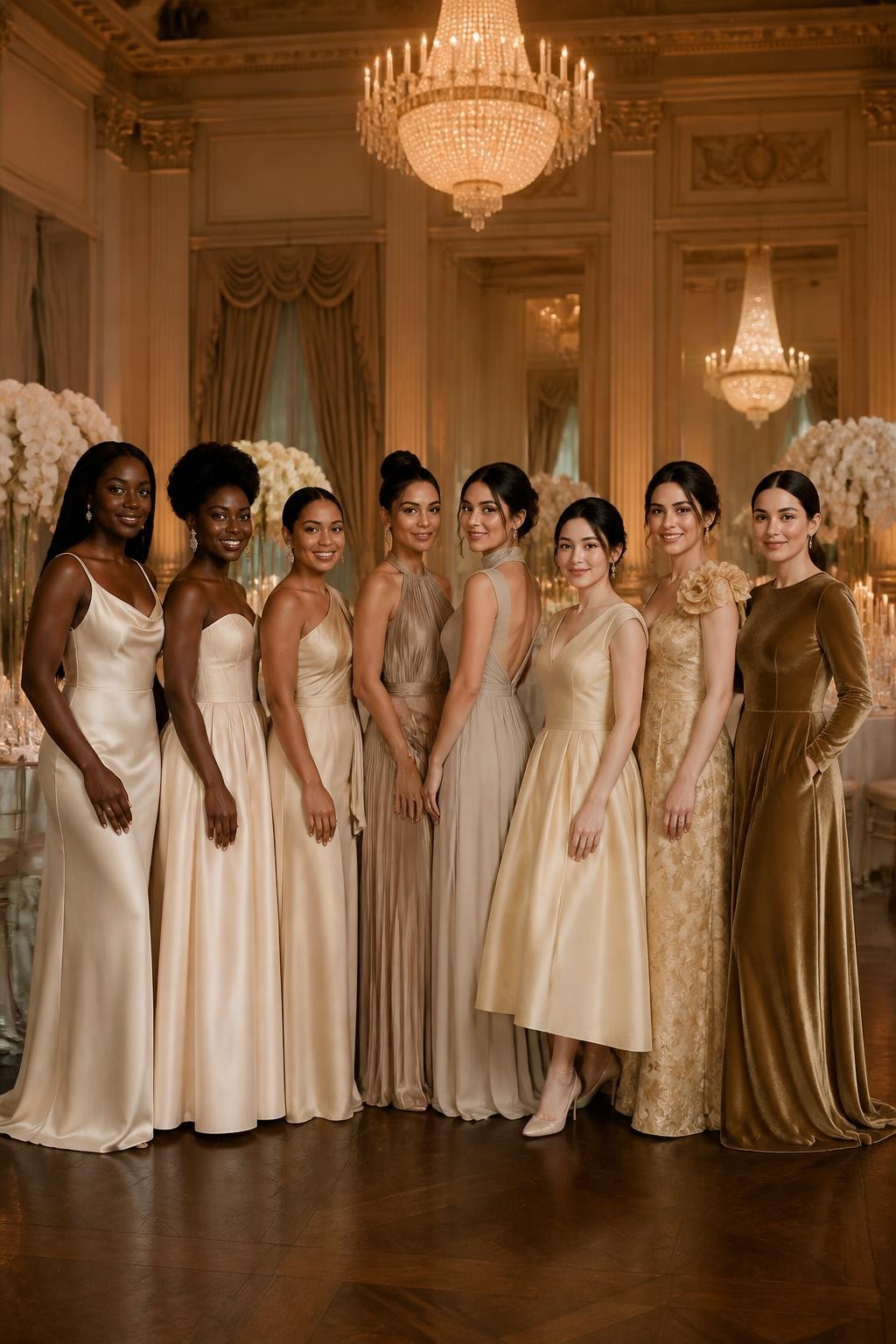 Realistic elegant wedding photograph of eight bridesmaids wearing mismatched neutral gowns in cream, pale champagne, rosé champagne, warm beige, soft taupe, honey gold, bronze, and antique gold, fabrics including liquid satin, matte crepe, chiffon lamé, velvet, organza, botanical jacquard, silk faille, and lightly beaded mesh, silhouettes including a cowl-neck slip, basque-waist gown, one-shoulder sash dress, pleated halter, high-neck open-back column, tea-length bubble dress, rosette-shoulder gown, and long-sleeved velvet dress, women with very deep brown, dark warm brown, cinnamon, golden tan, olive, East Asian fair, and pale rosy skin tones, wide body and age representation, bright elegant faces with realistic texture, standing inside a grand cream ballroom with candlelit tables, ivory orchids, glass chandeliers, and tall draped windows, controlled warm lighting revealing each finish without harsh glare.