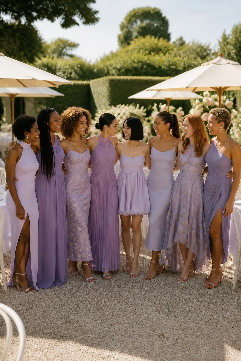 Realistic garden-party wedding photograph of eight bridesmaids wearing mismatched dresses in pale lavender and dusty lilac with varied hemlines, including two floor-length gowns, an ankle-length pleated dress, a tea-length bubble-hem design, a calf-length full-skirt jacquard dress, a high-low chiffon gown, a slim midi column, and an asymmetrical draped dress, women with very deep brown, dark mahogany, medium golden, olive, East Asian light beige, tan, and fair freckled skin tones, varied heights and body shapes, bright joyful faces with natural expressions and realistic texture, hairstyles including natural curls, locs, braids, a polished bob, ponytail, sleek bun, soft waves, and short coils, standing at a stylish garden reception with cream parasols, white bistro chairs, pale flowers, and clipped hedges, shoes visible beneath shorter dresses, clear afternoon light and authentic fabric movement.