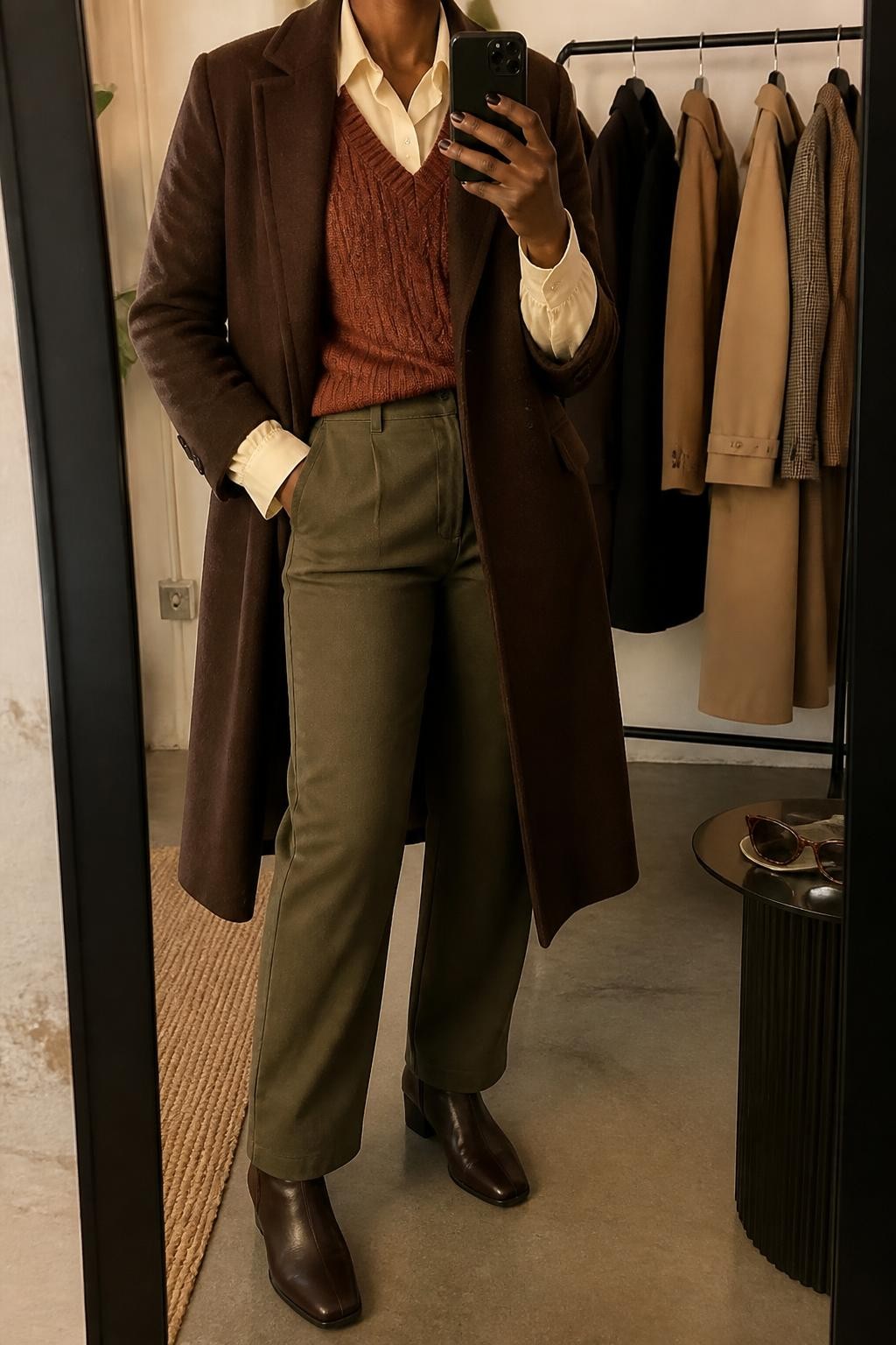 mirror selfie of a Black woman wearing an open chocolate brown knee-length wool-blend coat over a rust V-neck cable-knit sweater vest layered above a cream cotton blouse with softly puffed sleeves and the collar visible, olive high-waisted straight-leg trousers, and dark brown leather ankle boots, clearly showing the exact clothing items, colors, fabrics, and boots listed in the Outfit Pieces section, holding a phone in front of a mirror, cropped at NECK so the face does not show, relaxed polished selfie pose in a fashion studio mirror corner, warm moody lighting, with a clothing rack holding a few garments behind her and sunglasses placed on a side table, realistic wool, cable knit, cotton, trouser, and leather textures, latest iPhone photo quality