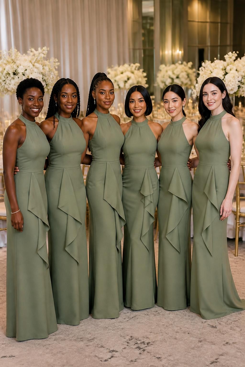 Realistic formal wedding portrait of six bridesmaids wearing moss-sage matte-crepe column gowns with high gathered halter necklines, sculpted waterfall peplum panels flowing diagonally from the waist, and slim floor-length skirts with discreet back slits, women with deep ebony, cool dark brown, cinnamon, golden olive, East Asian beige, and porcelain complexions, different shoulder widths, bust sizes, heights, and body shapes represented naturally, bright confident faces with realistic evening makeup and distinct features, hairstyles including cropped coils, long twists, braided ponytail, sleek bob, polished chignon, and brushed waves, standing inside a contemporary ballroom with ivory curtains, sculptural white flowers, mirrored walls, and candlelit tables, directional lighting showing the smooth matte finish, precise seams, natural fabric tension and believable folds around the waists.