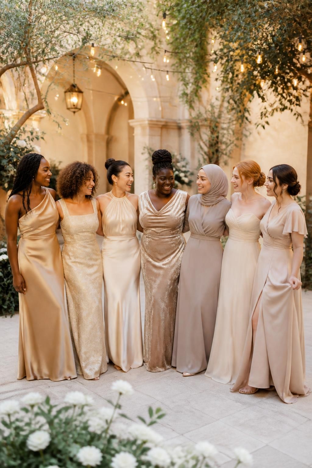 Realistic large bridal party photograph of seven bridesmaids wearing intentionally mismatched floor-length dresses in champagne, pale gold, warm beige, rosé champagne, and soft taupe, fabrics including satin, chiffon, velvet, crepe, and subtle jacquard, silhouettes including one-shoulder, square neck, halter, flutter sleeve, cowl neck, long sleeve, and strapless gowns, women with ebony, deep brown, medium brown, golden, olive, East Asian fair, and pale freckled skin, different ages, heights, and body types, bright beautiful faces and genuine laughter, natural textured hair, braids, locs, waves, sleek buns, and a softly styled hijab, standing in a lush courtyard with cream stone, white flowers, olive trees, and warm string lights, every fabric responding differently to the evening light, realistic spacing and candid poses, detailed DSLR wedding photography.