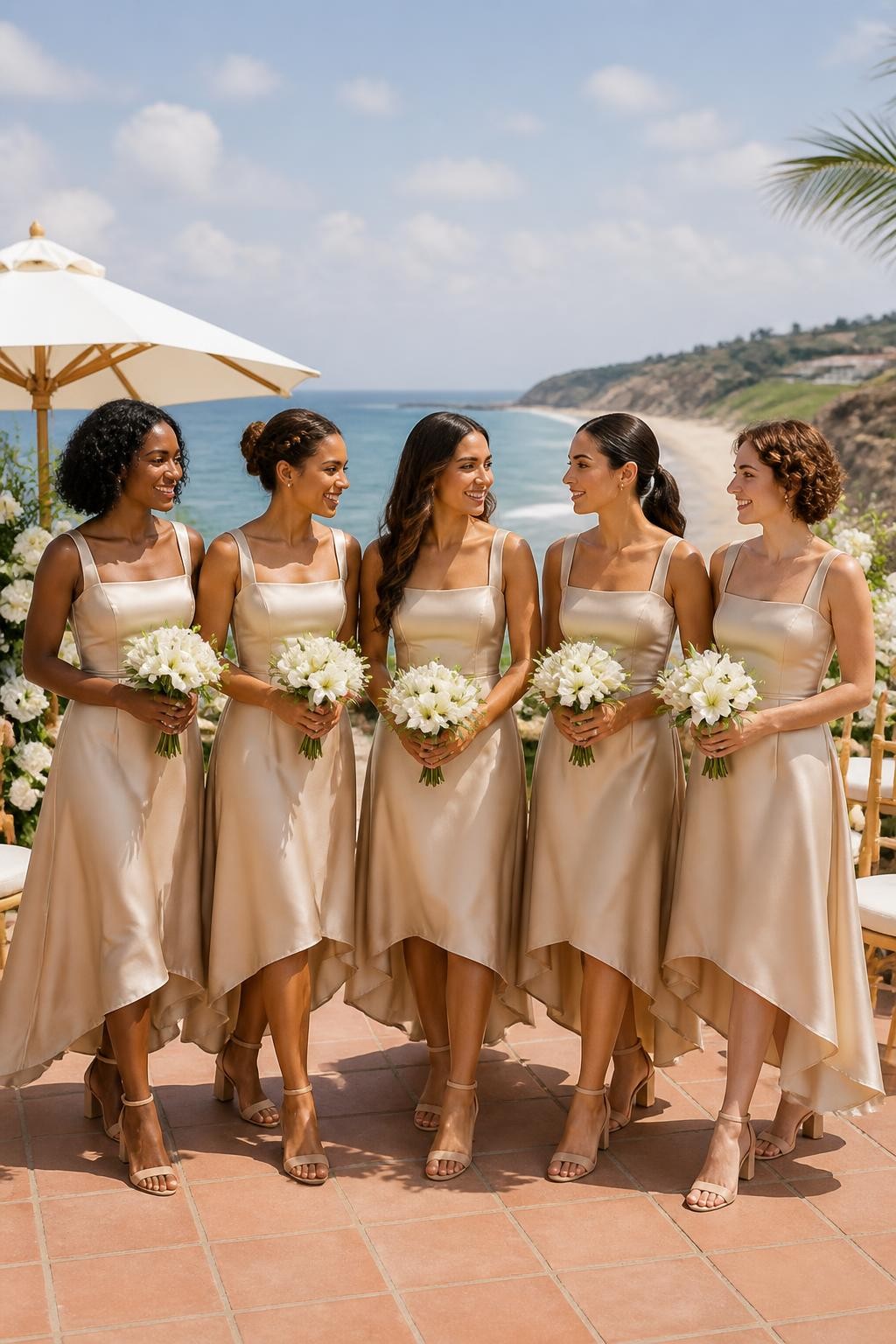 Realistic summer wedding photo of five bridesmaids wearing champagne high-low dresses with fitted square-neck bodices and softly sculpted skirts that fall below the knee in front and sweep toward the ankle at the back, women with deep brown, reddish brown, honey, light olive, and fair complexions, bright relaxed faces and realistic skin texture, hairstyles including a curly bob, braided updo, long waves, sleek ponytail, and natural coils, standing on a coastal terrace overlooking pale sand and blue water, cream parasols, white flowers, and light wooden chairs nearby, natural sea breeze lifting the hems, stylish block heels visible, believable shadows and fabric movement, crisp DSLR wedding photography.