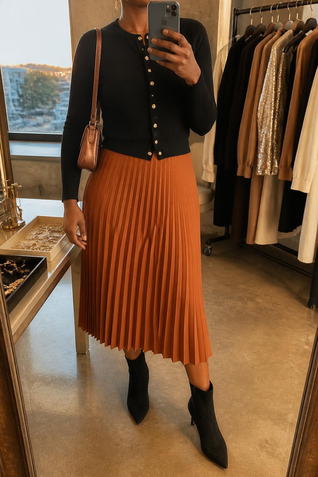 Mirror selfie of a Black woman wearing a fitted black cardigan with small gold buttons, a copper-orange pleated midi skirt, black suede ankle boots, a metallic bronze mini shoulder bag, and small gold drop earrings, clearly showing the exact clothing items, colors, fabrics, and accessories listed, holding a phone in front of a fashion studio mirror corner, cropped at the neck so the face does not show, relaxed casual selfie pose, evening golden-hour lighting, a clothing rack with garments behind and a jewelry tray on the vanity, polished natural setting, latest iPhone photo quality.