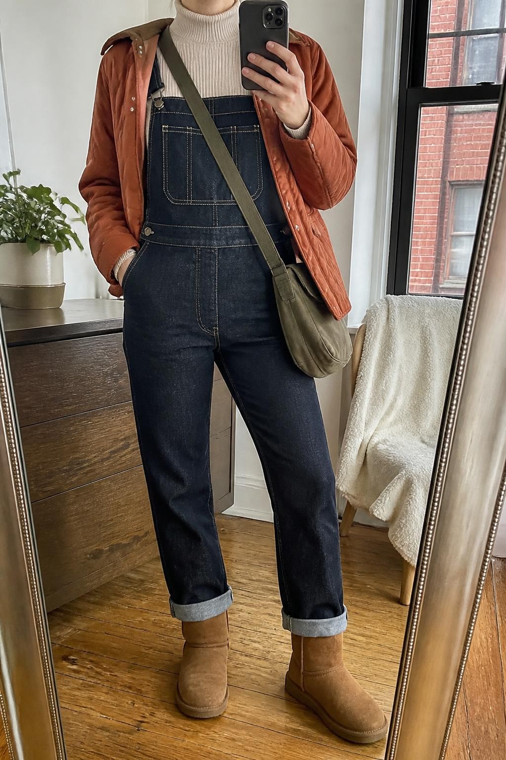 mirror selfie of a woman wearing an open rust cropped quilted jacket over an oatmeal fitted ribbed turtleneck, dark-wash straight-leg denim overalls with the hems rolled once above chestnut tall Ugg boots, and an olive canvas crossbody bag, clearly showing the exact clothing items, colors, fabrics, boots, and bag listed in the Outfit Pieces section, holding a phone in front of a mirror, cropped at NECK so the face does not show, relaxed casual selfie pose in a stylish city apartment, natural window light, with a small plant on a dresser and a folded blanket on a chair, realistic quilting, ribbed knit, denim, suede, and canvas textures, latest iPhone photo quality