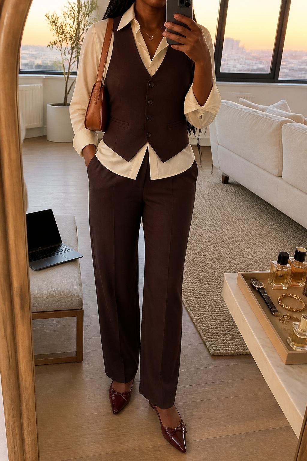 mirror selfie of a Black woman wearing a chocolate tailored V-neck waistcoat over a cream cotton button-down shirt with the collar outside and cuffs rolled once, chocolate straight-leg tailored trousers, burgundy pointed-toe ballet flats, and a tan structured shoulder bag, clearly showing the exact clothing items, colors, fabrics, shoes, and bag listed in the Outfit Pieces section, holding a phone in front of a mirror, cropped at NECK so the face does not show, relaxed professional selfie pose in a stylish city apartment, evening golden hour light, with a laptop on a bench and a jewelry tray on a nearby surface, realistic cotton, tailored fabric, and leather textures, latest iPhone photo quality