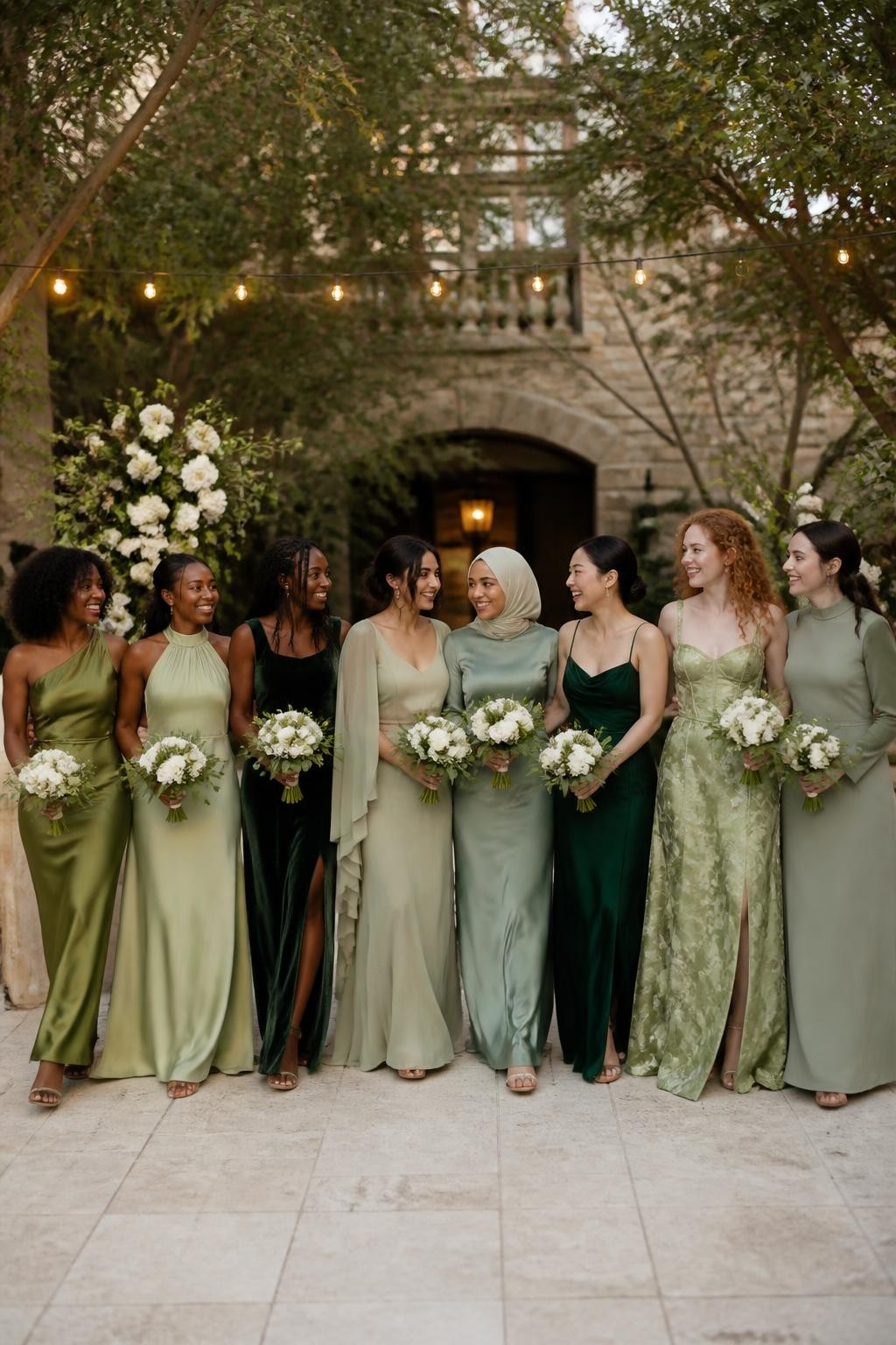 Realistic large bridal party photograph of eight bridesmaids wearing intentionally mismatched floor-length gowns in sage, eucalyptus, olive, moss, pistachio, forest, emerald, and celadon green, fabrics including satin, chiffon, velvet, crepe, organza, and subtle botanical jacquard, silhouettes including one-shoulder, halter, square neck, cape sleeve, cowl neck, long sleeve, corset bodice, and slip dress designs, women with very deep, deep brown, reddish brown, golden, olive, tan, East Asian fair, and pale freckled skin tones, broad representation of ages, heights, and body shapes, bright beautiful faces and genuine laughter, hairstyles including natural coils, braids, locs, waves, sleek buns, and a softly styled hijab, standing in a lush estate courtyard with cream stone, mature trees, white flowers, and warm string lights, each fabric responding differently to the evening light, realistic spacing, candid movement, and detailed DSLR wedding photography.