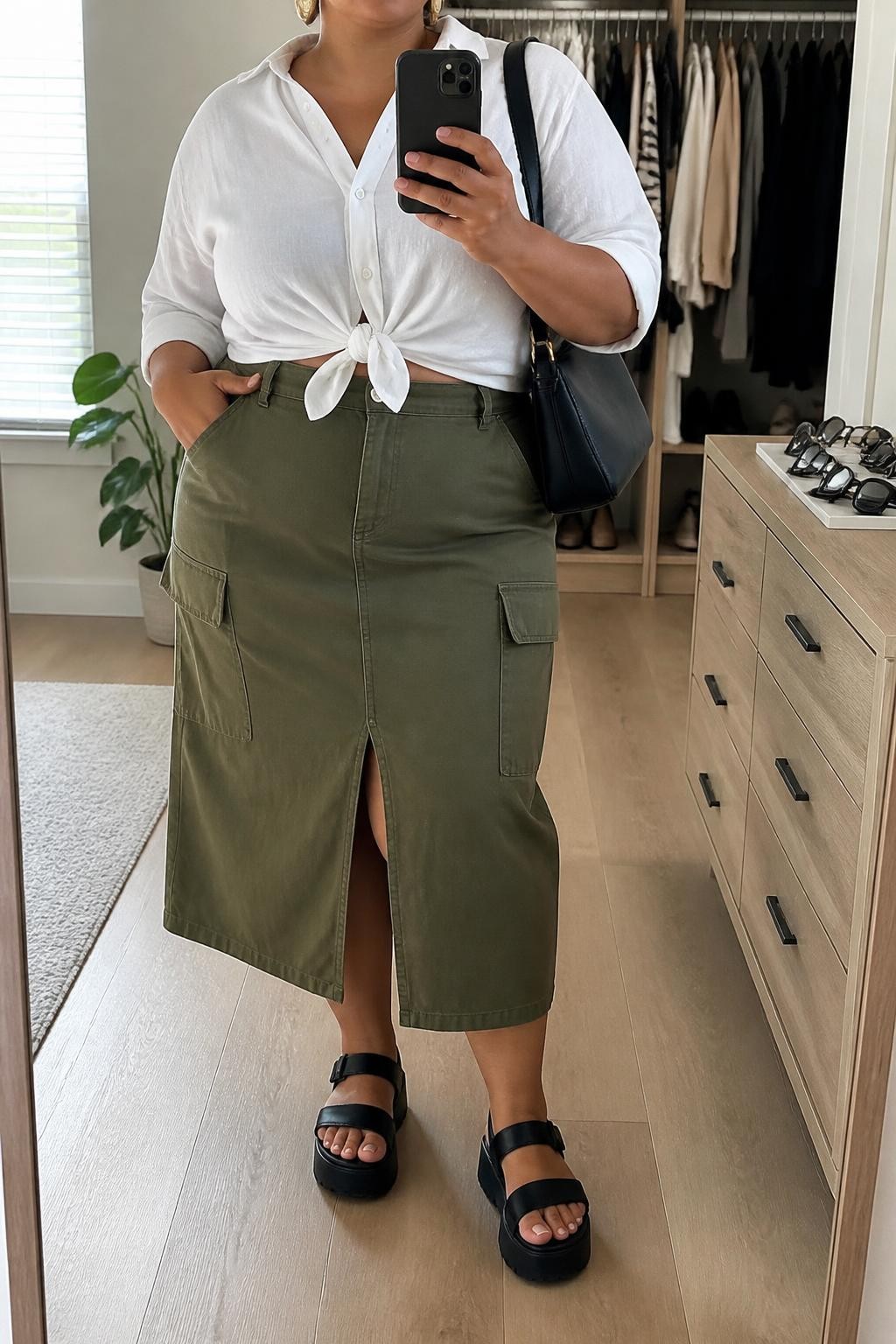 Mirror selfie of a plus size woman wearing an oversized white cotton button-down shirt tied softly at the waist, an olive green high-waisted utility midi skirt with a front slit and flat cargo pockets, black platform sandals, a compact black nylon shoulder bag, and chunky gold cuff earrings, clearly showing the exact clothing items, white cotton, olive utility fabric, flat pockets, footwear, and accessories listed, holding a phone in front of a mirror, cropped at the neck so her face does not appear, relaxed modern selfie stance, in a walk-in closet mirror with natural window light, an open closet with clothes visible and sunglasses placed on a dresser, realistic weekend outfit, latest iPhone photo quality.