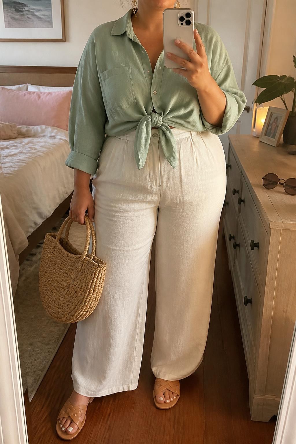 Mirror selfie of a plus size woman wearing an oversized sage green linen button-down shirt tied softly at the waist, cream high-waisted wide-leg linen trousers, tan flat woven sandals, a natural raffia handbag, and delicate gold drop earrings, clearly showing the exact clothing items, sage linen, cream trousers, waist tie, footwear, and accessories listed, holding a phone in front of a mirror, cropped at the neck so her face does not show, relaxed warm-weather selfie stance, in a feminine-themed bedroom with evening golden-hour lighting, sunglasses placed on a dresser and soft pillows on an unmade bed, realistic summer outfit, latest iPhone photo quality.