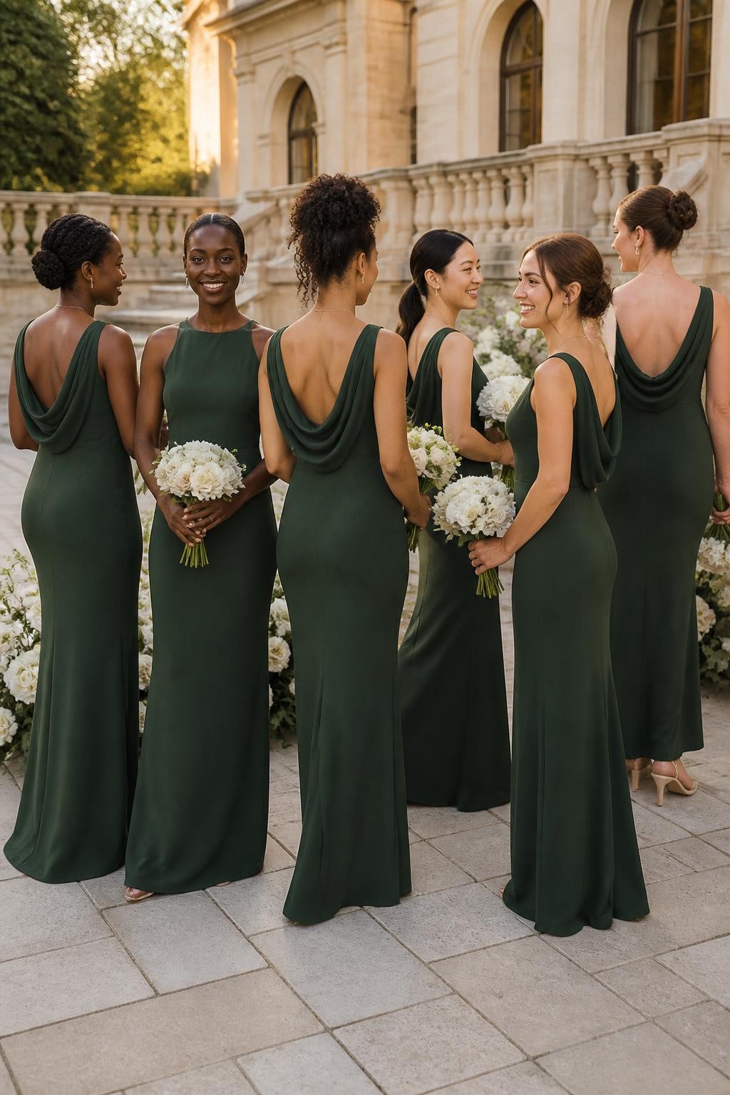 Realistic elegant wedding photograph of six bridesmaids wearing evergreen stretch-crepe gowns with clean bateau necklines, fitted long-line bodices, fluid column skirts, and deep draped cowl backs falling between the shoulder blades, women with very deep brown, rich mahogany, warm caramel, olive, East Asian light beige, and fair rosy complexions, naturally varied heights, ages, and body types, bright poised faces with realistic skin texture, hairstyles lifted into braided buns, natural puffs, sleek ponytails, short curls, and smooth chignons to reveal the back details, photographed from balanced front, side, and rear angles on the terrace of a cream-stone estate with ivory flowers and warm sunset light, authentic crepe texture, natural folds, and relaxed posture.
