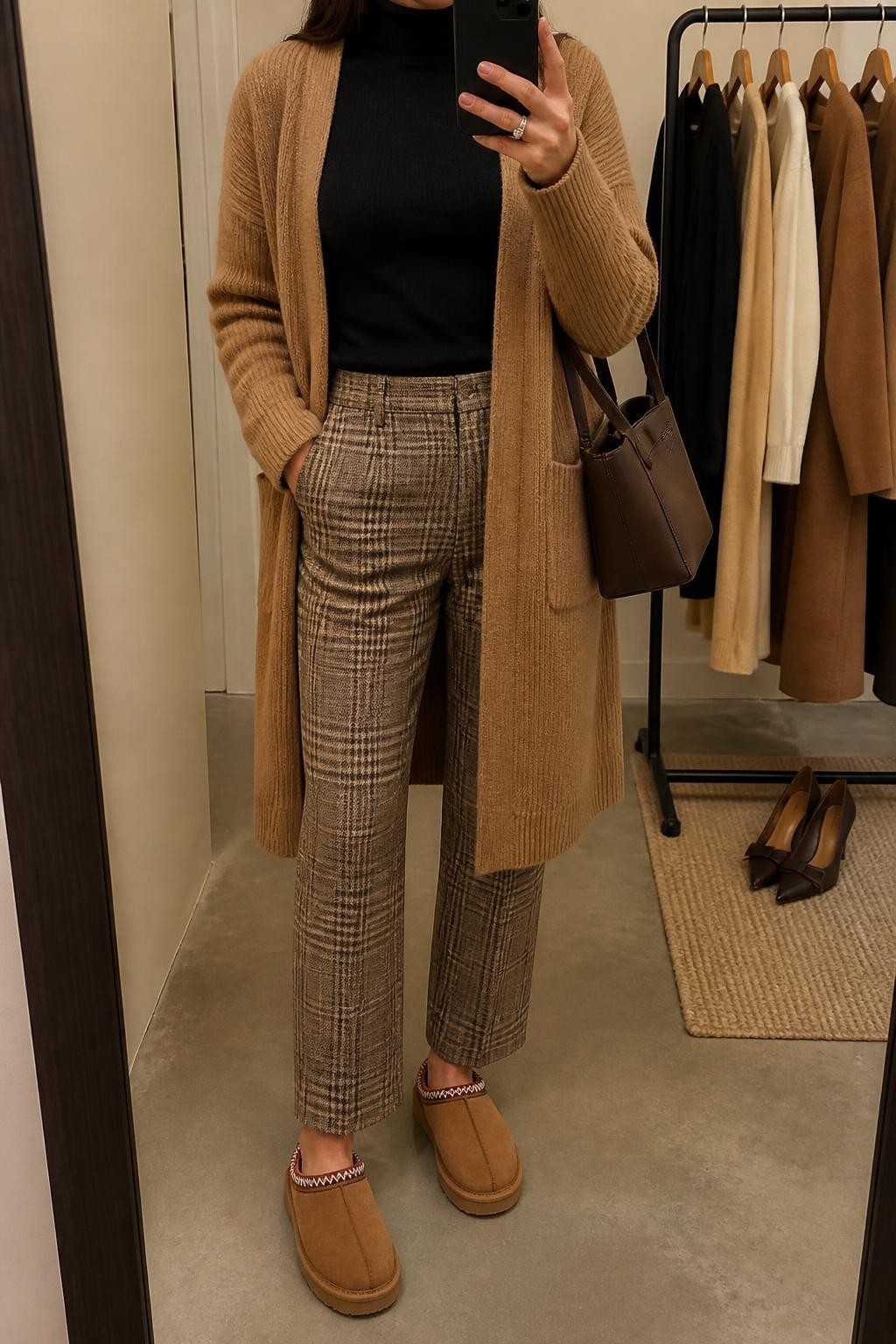 mirror selfie of a woman wearing an open camel longline knit cardigan over a black fitted fine-knit turtleneck, brown and tan plaid straight-leg trousers with a slightly cropped hem, chestnut Tasman Ugg slippers with visible embroidered trim, and a chocolate structured shoulder bag, clearly showing the exact clothing items, colors, pattern, fabrics, slippers, and bag listed in the Outfit Pieces section, holding a phone in front of a mirror, cropped at NECK so the face does not show, relaxed casual selfie pose in a minimal dressing room, warm moody lighting, with a clothing rack holding a few garments behind her and a pair of heels on the floor nearby, realistic knit, trouser, suede, and leather textures, latest iPhone photo quality