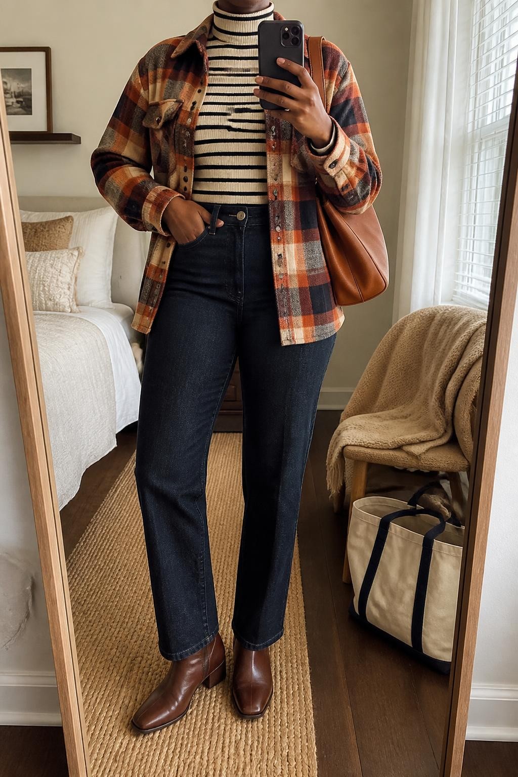 mirror selfie of a Black woman wearing an open rust and brown plaid wool-blend shacket over a cream and black striped fitted turtleneck tucked fully into dark indigo straight-leg jeans, chocolate leather ankle boots, and a tan leather shoulder bag, clearly showing the exact clothing items, colors, patterns, fabrics, boots, and bag listed in the Outfit Pieces section, holding a phone in front of a mirror, cropped at NECK so the face does not show, relaxed casual selfie pose in a cozy bedroom mirror setup, natural window light, with a folded blanket on a chair and a tote bag resting on the floor, realistic wool, knit, denim, and leather textures, latest iPhone photo quality
