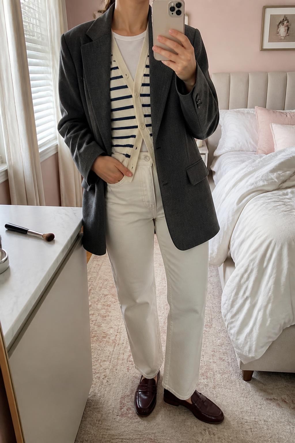 mirror selfie of a woman wearing an open charcoal relaxed-fit wool-blend blazer over a cream and navy striped fine-knit cardigan buttoned halfway above a white fitted cotton T-shirt, ecru high-rise straight-leg jeans, and burgundy leather loafers, clearly showing the exact clothing items, colors, striped pattern, fabrics, and shoes listed in the Outfit Pieces section, holding a phone in front of a mirror, cropped at NECK so the face does not show, relaxed business casual selfie pose in a feminine-themed bedroom, natural window light, with a makeup brush on the counter and soft pillows on an unmade bed, realistic wool, fine knit, cotton, denim, and leather textures, latest iPhone photo quality