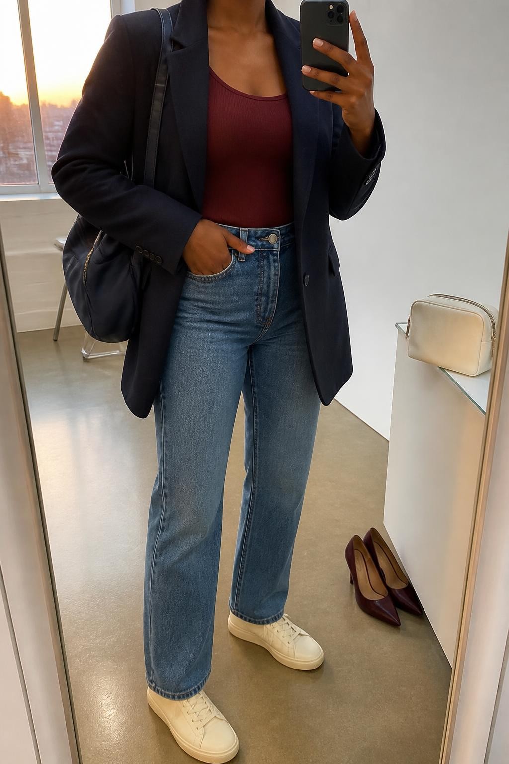 mirror selfie of a Black woman wearing an open navy relaxed-fit wool-blend blazer over a burgundy fitted scoop-neck knit top, medium-wash high-rise straight-leg jeans, cream leather sneakers, and a navy structured backpack, clearly showing the exact clothing items, colors, fabrics, sneakers, and backpack listed in the Outfit Pieces section, holding a phone in front of a mirror, cropped at NECK so the face does not show, relaxed polished selfie pose in a fashion studio mirror corner, evening golden hour light, with a cosmetic bag on a counter and a pair of heels on the floor nearby, realistic wool, knit, denim, and leather textures, latest iPhone photo quality