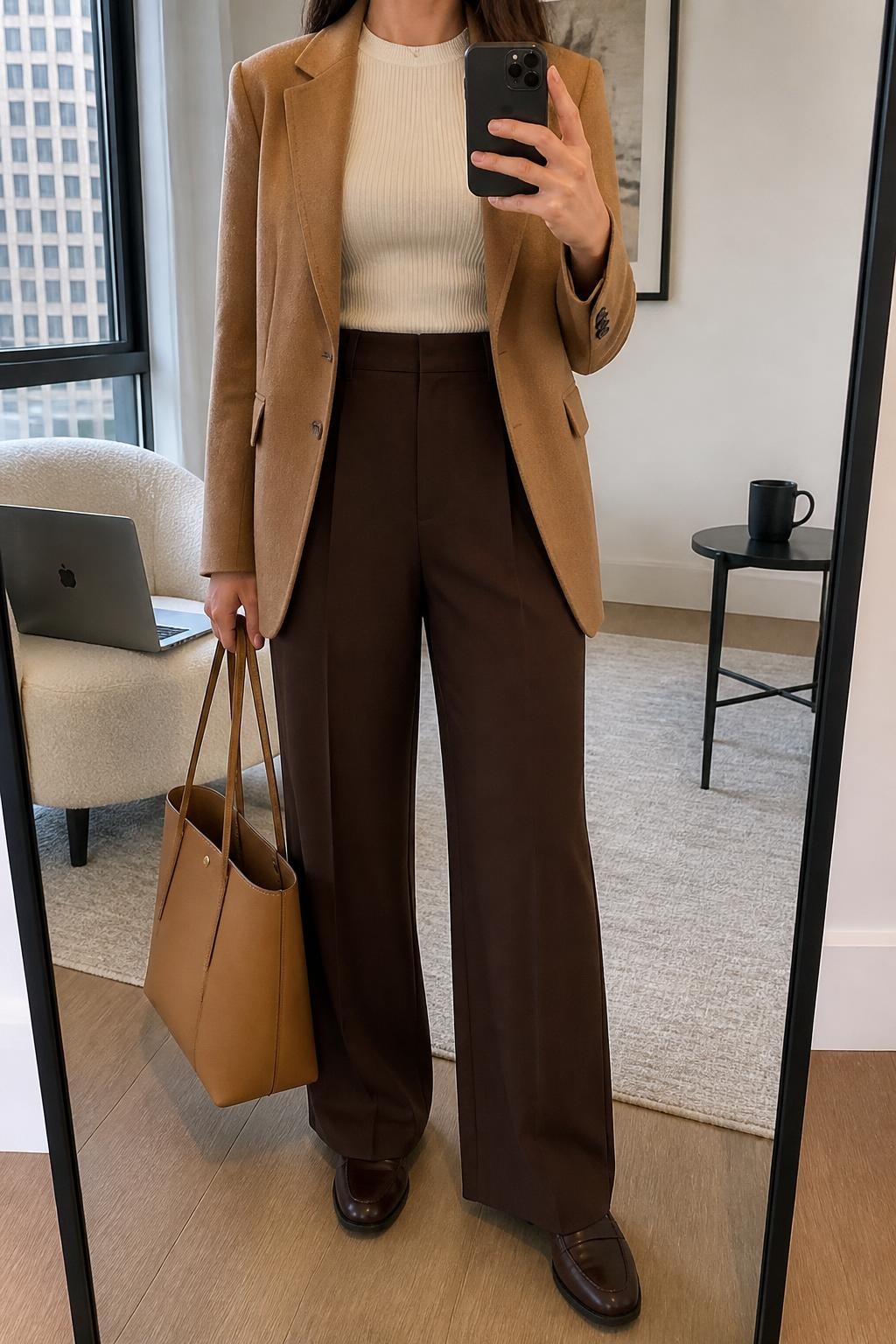 mirror selfie of a woman wearing an open camel single-breasted wool-blend blazer over an ivory fitted ribbed knit top tucked fully into chocolate high-waisted wide-leg trousers, dark brown leather loafers, and a structured tan work tote, clearly showing the exact clothing items, colors, fabrics, shoes, and bag listed in the Outfit Pieces section, holding a phone in front of a full-length mirror, cropped at NECK so the face does not show, relaxed professional selfie pose in a stylish city apartment, natural window light, with a laptop resting on a chair and a coffee mug on a side table, realistic fabric textures, natural posture, latest iPhone photo quality