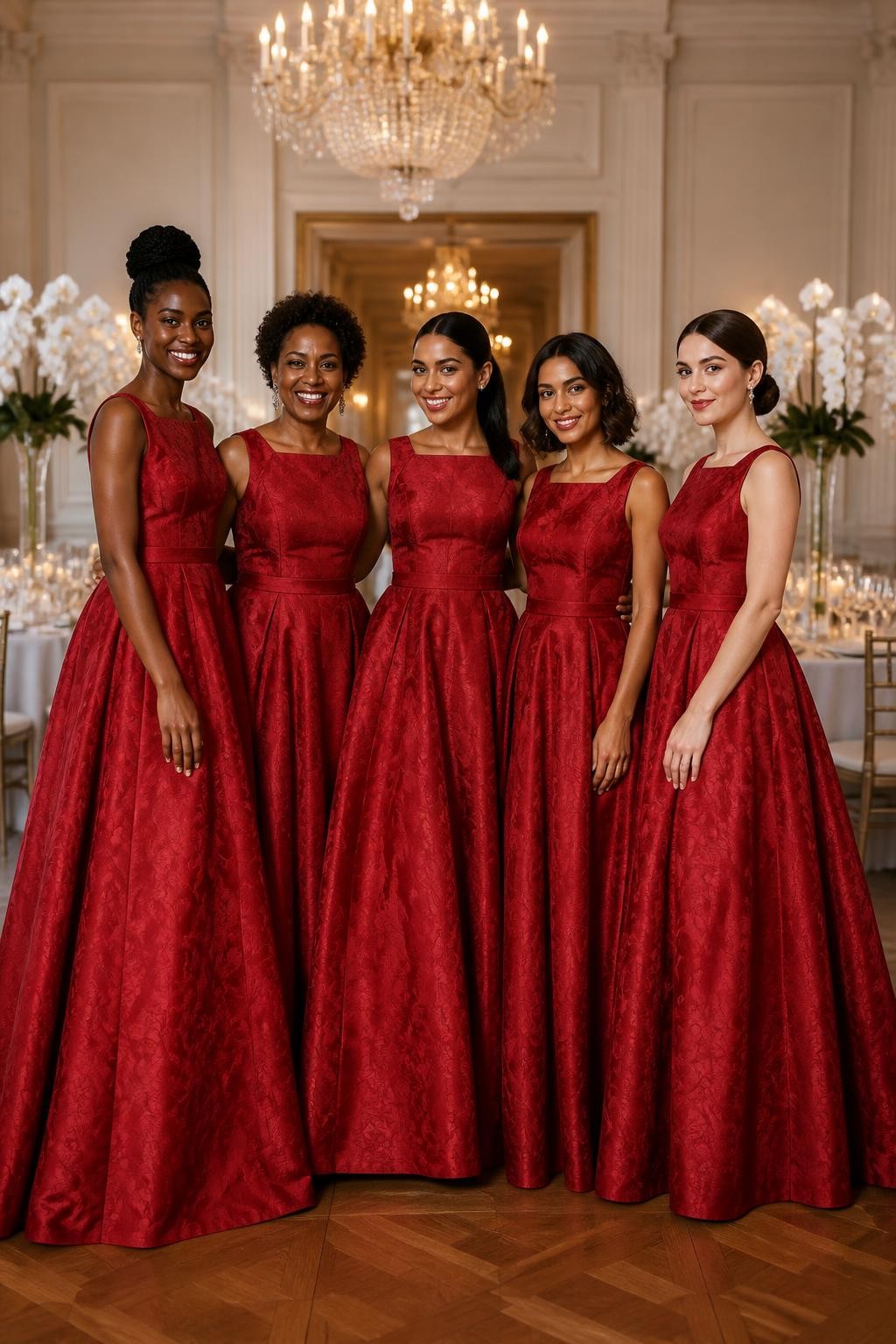 Realistic formal ballroom wedding portrait of five bridesmaids wearing vermilion red jacquard ball gowns with subtle woven botanical patterns, structured bateau and square necklines, defined waists, and full floor-length skirts, women with deep cool brown, rich warm brown, caramel, olive, and porcelain complexions, naturally different ages, heights, and body shapes, bright poised faces with soft natural makeup, hairstyles including a high braided bun, short sculpted curls, glossy ponytail, shoulder-length waves, and classic chignon, standing inside an elegant ballroom with ivory walls, antique chandeliers, candlelit tables, and white orchid arrangements, directional light revealing the woven pattern without excessive shine, realistic fabric stiffness and deep natural skirt folds.