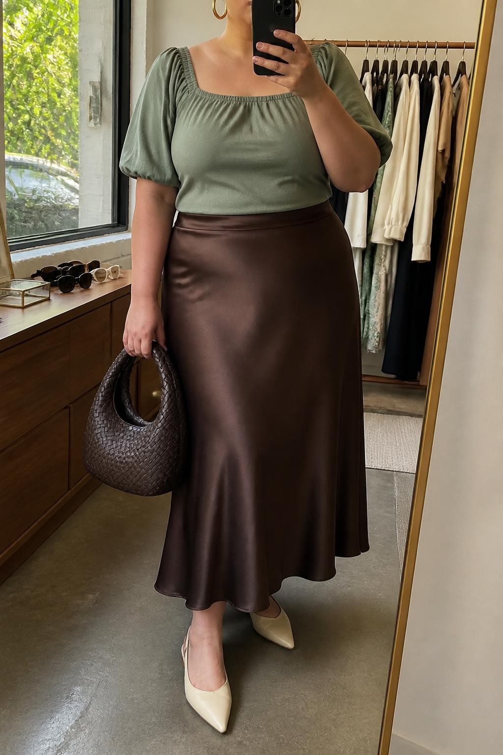 Mirror selfie of a plus size woman wearing a chocolate brown high-waisted satin maxi skirt with a fluid A-line shape, a sage green cotton blouse with short puff sleeves and a square neckline, cream pointed slingback flats, a chocolate woven handbag, and hammered gold hoop earrings, clearly showing the exact clothing items, chocolate satin, sage fabric, sleeve shape, footwear, and accessories listed, holding a phone in front of a mirror, cropped at the neck so the face does not show, relaxed feminine selfie pose, in a fashion studio mirror corner with natural window light, a clothing rack with garments behind her and sunglasses placed on a dresser, realistic garden lunch outfit, latest iPhone photo quality.