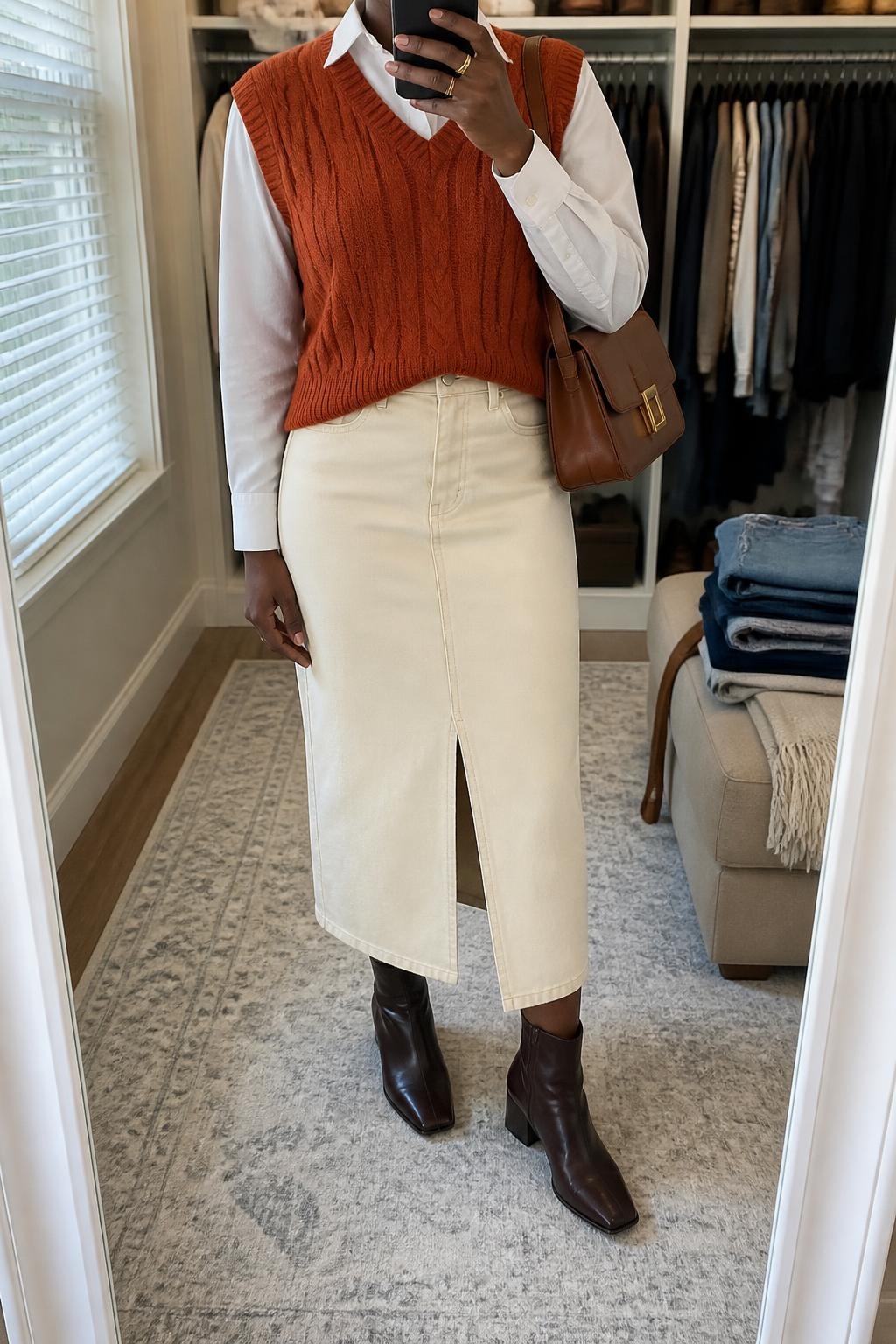 Mirror selfie of a Black woman wearing a cream denim midi skirt with a back slit, rust-orange cable-knit vest layered over a fitted white cotton shirt, dark brown leather ankle boots, and a structured cognac shoulder bag, clearly showing the exact clothing items, colors, fabrics, and accessories listed, holding a phone in front of a walk-in closet mirror, cropped at the neck so the face does not show, relaxed casual selfie pose, natural window light, an open closet with clothes visible and folded denim jeans on a bench, believable everyday setting, latest iPhone photo quality.