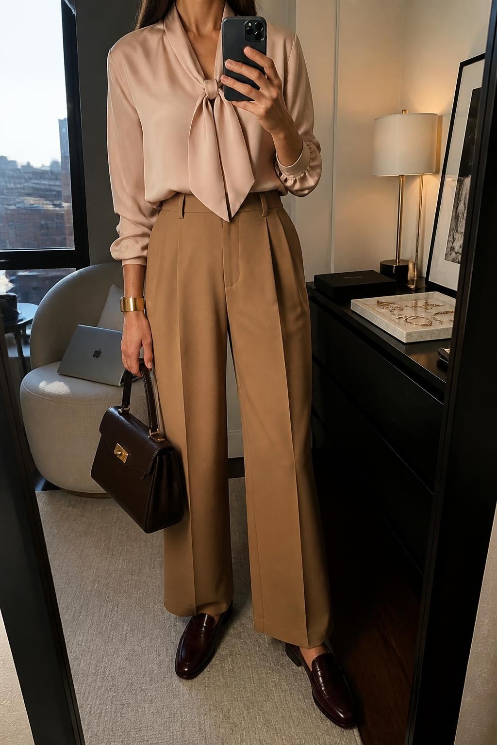 Image Prompt mirror selfie of a woman wearing a blush satin blouse with a loosely tied soft neck bow tucked fully into camel high-waisted wide-leg tailored trousers, burgundy leather loafers, a chocolate structured top-handle bag, and a brushed gold cuff bracelet, clearly showing the exact clothing items, colors, fabrics, bow, shoes, bag, and bracelet listed in the Outfit Pieces section, holding a phone in front of a mirror, cropped at NECK so the face does not show, relaxed professional selfie pose in a stylish city apartment, warm moody lighting, with a laptop resting on a chair and a jewelry tray on a dresser, realistic satin, tailored fabric, and leather textures, latest iPhone photo quality