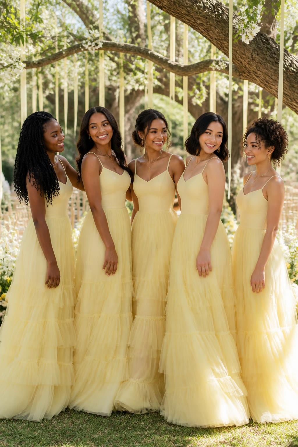 Realistic romantic garden wedding photograph of five bridesmaids wearing mimosa yellow tulle gowns with clean fitted bodices, narrow straps, softly dropped waists, and airy tiered floor-length skirts, women with dark mahogany, rich brown, warm golden, olive, and fair skin tones, bright beautiful faces with distinct features, realistic skin texture, hairstyles including natural curls, long twists, glossy waves, a soft bun, and a shoulder-length bob, standing beneath trees decorated with small white flowers and hanging ribbons, cream chairs and pale yellow floral arrangements behind them, diffused morning light passing through the layered tulle, natural movement and visible fabric edges, dreamy but believable DSLR wedding photography.