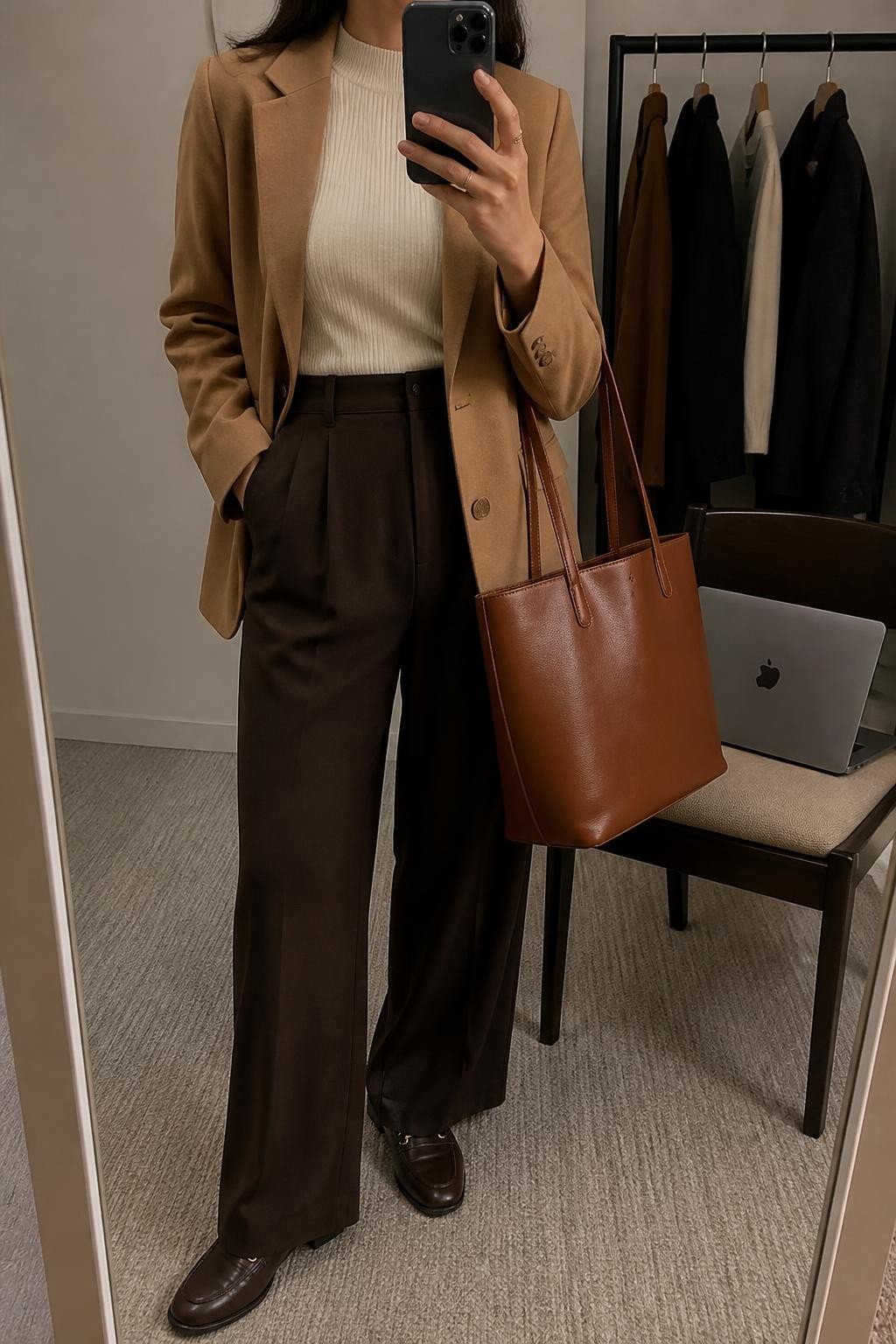 mirror selfie of a woman wearing an open camel single-breasted wool-blend blazer over an ivory fitted ribbed mock-neck top tucked fully into chocolate high-waisted wide-leg trousers, dark brown leather loafers, and a cognac structured work tote, clearly showing the exact clothing items, colors, fabrics, shoes, and bag listed in the Outfit Pieces section, holding a phone in front of a mirror, cropped at NECK so the face does not show, relaxed professional selfie pose in a minimal dressing room, warm moody lighting, with a clothing rack holding a few garments behind her and a laptop resting on a chair, realistic wool, ribbed knit, trouser, and leather textures, latest iPhone photo quality