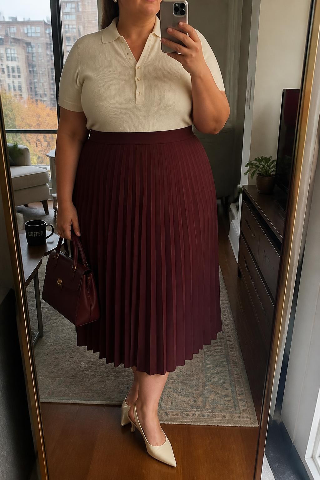 Mirror selfie of a plus size woman wearing a burgundy high-waisted pleated midi skirt, a fitted cream short-sleeve knit polo, cream pointed kitten heels, a burgundy structured handbag, and pearl stud earrings, clearly showing the exact clothing items, burgundy pleats, cream knit, colors, footwear, and accessories listed, holding a phone in front of a mirror, cropped at the neck so the face does not show, relaxed polished selfie pose, in a stylish city apartment with warm moody lighting, a coffee mug on a side table and a small plant on a dresser, realistic autumn brunch styling, latest iPhone photo quality.