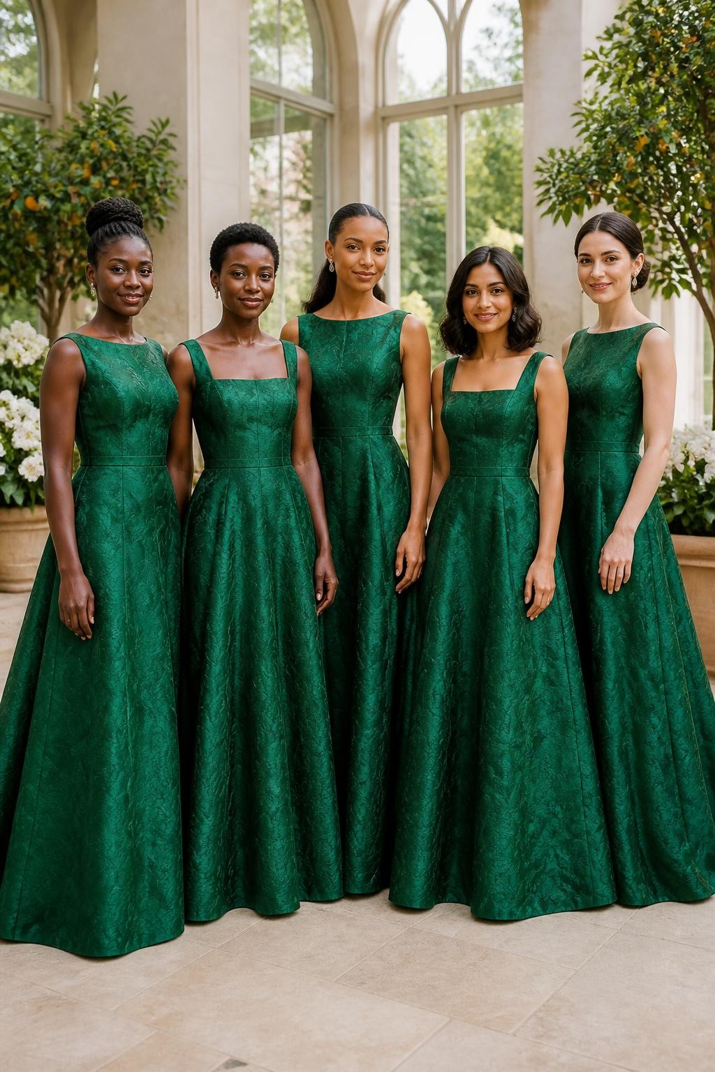 Realistic formal wedding portrait of five bridesmaids wearing emerald green jacquard gowns with tonal woven botanical patterns, fitted boat-neck and square-neck bodices, softly pointed waists, and sweeping A-line skirts, women with deep cool brown, rich warm brown, caramel, South Asian olive, and pale neutral complexions, naturally varied ages, heights, and body shapes, bright poised faces with individual features and realistic makeup, hairstyles including a high braided bun, cropped coils, glossy ponytail, shoulder-length waves, and classic chignon, standing inside a bright orangery with tall windows, potted citrus trees, ivory flowers, and pale limestone flooring, angled daylight revealing the woven leaf and flower pattern without excessive shine, realistic fabric stiffness and deep natural skirt folds.