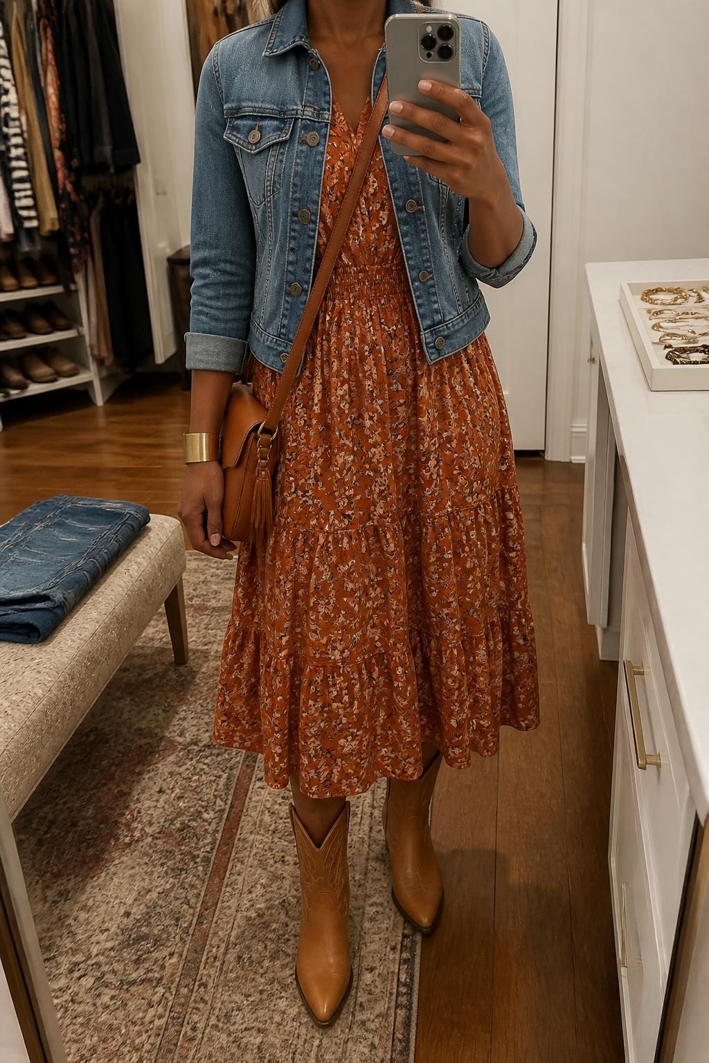 mirror selfie of a Black woman wearing a rust floral-print prairie midi dress, an open medium-wash fitted denim jacket, tan leather pointed-toe cowboy boots, a cognac leather crossbody bag, and a brushed gold cuff bracelet, clearly showing the exact clothing items, colors, floral pattern, fabrics, boots, bag, and bracelet listed in the Outfit Pieces section, holding a phone in front of a mirror, cropped at NECK so the face does not show, relaxed feminine selfie pose in a walk-in closet mirror, soft indoor lighting, with a jewelry tray on the vanity and folded denim jeans on a bench, realistic cotton dress, denim, and leather textures, latest iPhone photo quality