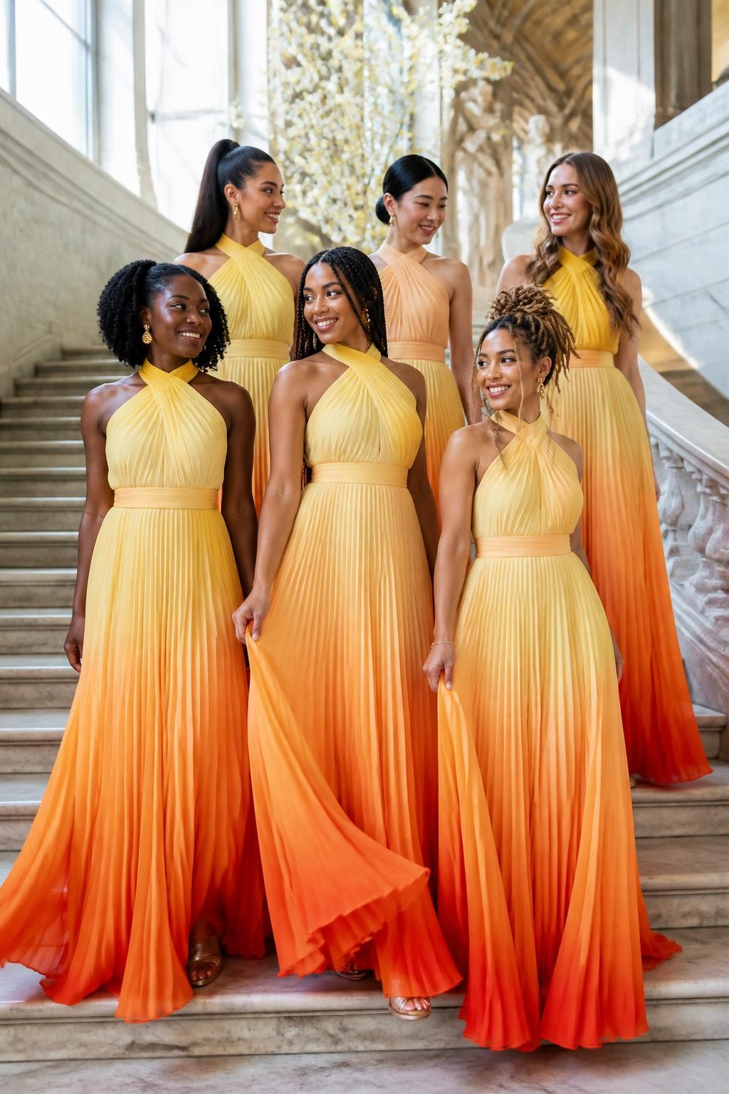Realistic artistic wedding photograph of six bridesmaids wearing fine pleated chiffon gowns with smooth tonal transitions beginning in pale lemon around the shoulders, moving through golden yellow and soft apricot, and deepening into tangerine near the hems, softly gathered halter and asymmetric necklines, fitted waistbands, and fluid floor-length skirts, women with deep ebony, rich brown, warm caramel, olive, East Asian light beige, and fair rosy complexions, naturally varied ages, heights, and body shapes, bright beautiful faces with realistic smiles, hairstyles including natural coils, long braids, locs, glossy ponytail, smooth bun, and loose waves, standing on a wide marble staircase inside a light-filled museum, sculptural ivory flowers and tall windows behind them, soft daylight showing gradual color transitions, believable chiffon transparency, crisp pleat texture, and natural skirt movement.