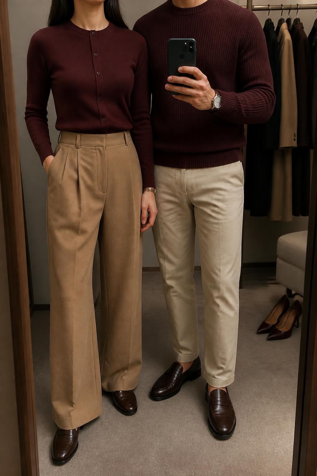 mirror selfie of a stylish couple wearing coordinated burgundy fall outfits, the woman wearing a fully buttoned burgundy fine-knit cardigan tucked into camel high-waisted wide-leg trousers with dark brown leather loafers, the man wearing a burgundy textured crewneck sweater with stone straight-leg chino trousers and chocolate leather loafers, clearly showing the exact clothing items, colors, fabrics, and footwear listed in the Outfit Pieces section, the man holding the phone in front of the mirror while the woman stands beside him, both cropped at NECK so their faces do not show, relaxed polished couple pose in a minimal dressing room, warm moody lighting, with a clothing rack holding a few garments behind them and a pair of heels on the floor nearby, realistic knit, trouser, chino, and leather textures, latest iPhone photo quality