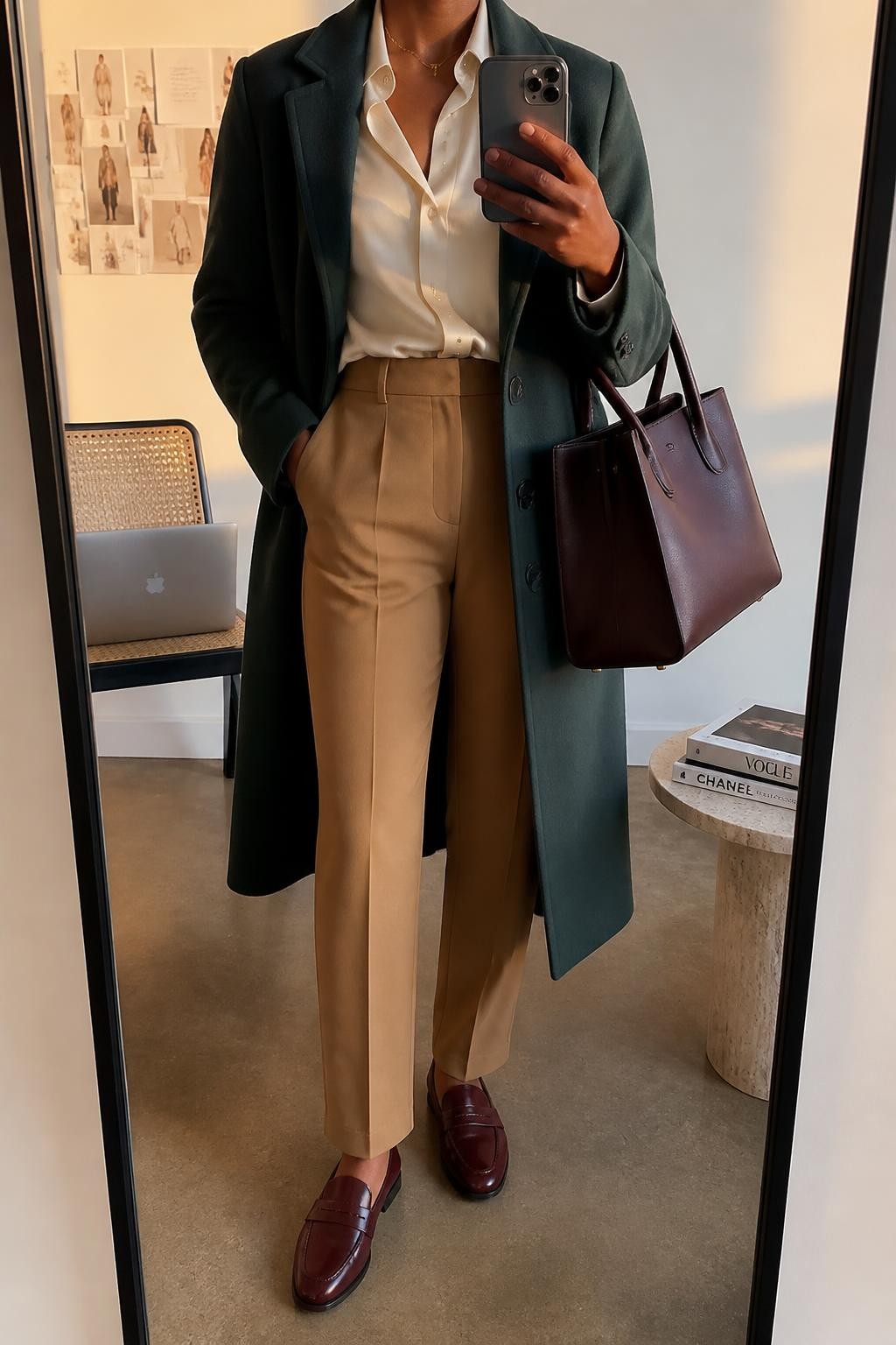 mirror selfie of a Black woman wearing an open forest green single-breasted wool-blend coat over an ivory satin button-front blouse tucked fully into camel high-waisted tailored trousers, burgundy leather loafers, and an oxblood structured work bag, clearly showing the exact clothing items, colors, fabrics, shoes, and bag listed in the Outfit Pieces section, holding a phone in front of a mirror, cropped at NECK so the face does not show, relaxed professional selfie pose in a fashion studio mirror corner, evening golden hour light, with a laptop resting on a chair and a stack of fashion magazines on a side table, realistic wool, satin, tailored fabric, and leather textures, latest iPhone photo quality