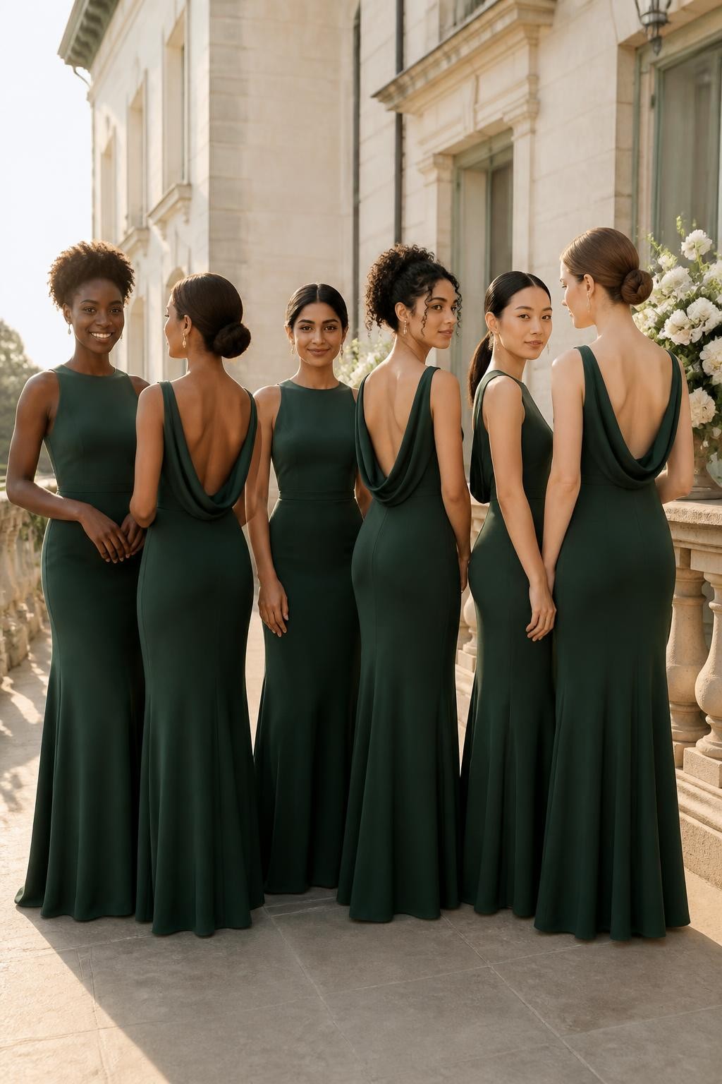 Realistic elegant wedding photograph of six bridesmaids wearing evergreen stretch-crepe gowns with clean bateau necklines, fitted long-line bodices, fluid column skirts, and deep draped cowl backs falling between the shoulder blades, women with very deep brown, rich mahogany, warm caramel, olive, East Asian light beige, and fair rosy complexions, naturally varied heights, ages, and body types, bright poised faces with realistic skin texture, hairstyles lifted into braided buns, natural puffs, sleek ponytails, short curls, and smooth chignons to reveal the back details, photographed from balanced front, side, and rear angles on the terrace of a cream-stone estate with ivory flowers and warm sunset light, authentic crepe texture, natural folds, and relaxed posture.