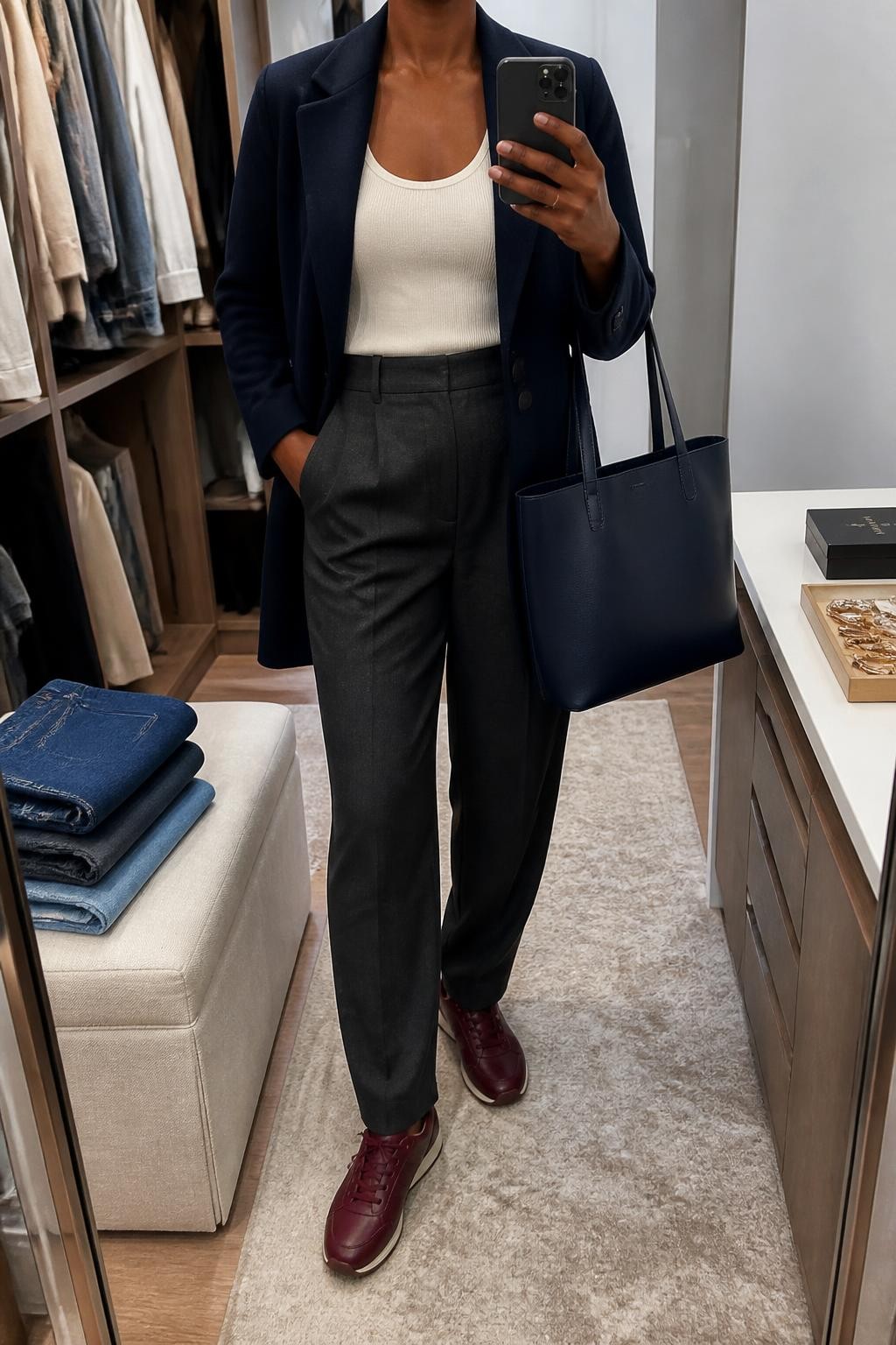 mirror selfie of a Black woman wearing an open navy relaxed-fit wool-blend blazer over an ivory fitted scoop-neck knit top tucked into charcoal high-waisted tapered trousers, burgundy leather sneakers, and a navy structured work tote, clearly showing the exact clothing items, colors, fabrics, sneakers, and bag listed in the Outfit Pieces section, holding a phone in front of a mirror, cropped at NECK so the face does not show, relaxed professional selfie pose in a walk-in closet mirror, soft indoor lighting, with folded denim jeans on a bench and a jewelry tray on the vanity, realistic wool, knit, trouser fabric, and leather textures, latest iPhone photo quality