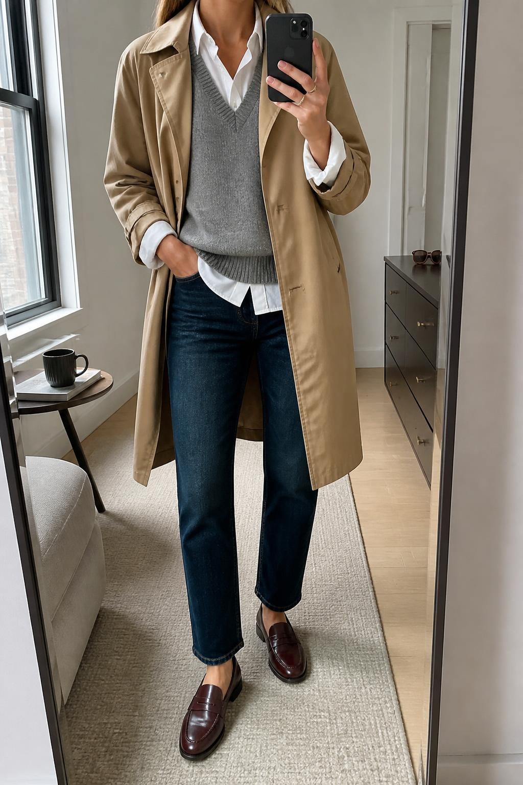 mirror selfie of a woman wearing an open camel water-resistant cotton trench coat over a heather gray V-neck knit sweater vest layered above a white cotton button-down shirt with the collar and cuffs visible, dark-wash straight-leg jeans, and burgundy leather loafers, clearly showing the exact clothing items, colors, fabrics, and shoes listed in the Outfit Pieces section, holding a phone in front of a full-length mirror, cropped at NECK so the face does not show, relaxed casual selfie pose in a stylish city apartment, natural window light, with a coffee mug on a side table and sunglasses placed on a dresser, realistic cotton, knit, denim, and leather textures, latest iPhone photo quality