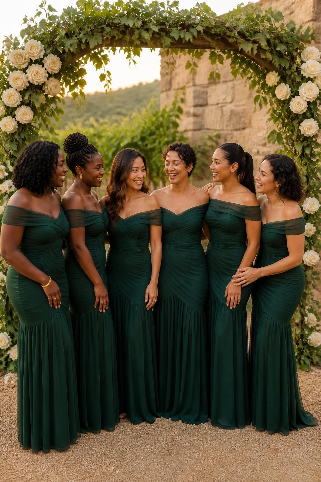 Realistic vineyard wedding photograph of six bridesmaids wearing dark jade gowns made from fine stretch mesh over smooth crepe lining, wide off-shoulder draped necklines, diagonal ruching across the torso, elongated dropped waists, and softly gathered floor-length skirts beginning near the upper hips, women with deep ebony, rich brown, medium brown, golden tan, olive, and fair skin tones, varied ages, bust sizes, torso lengths, and body shapes represented naturally, bright joyful faces with realistic skin texture, hairstyles including shoulder-length coils, wrapped braided bun, long waves, short curly bob, sleek ponytail, and natural curls, standing beneath an outdoor ceremony arch surrounded by ivory roses, grapevines, pale stone walls, and warm sunset light, believable mesh transparency, subtle gathering, natural shadows, and candid interaction.
