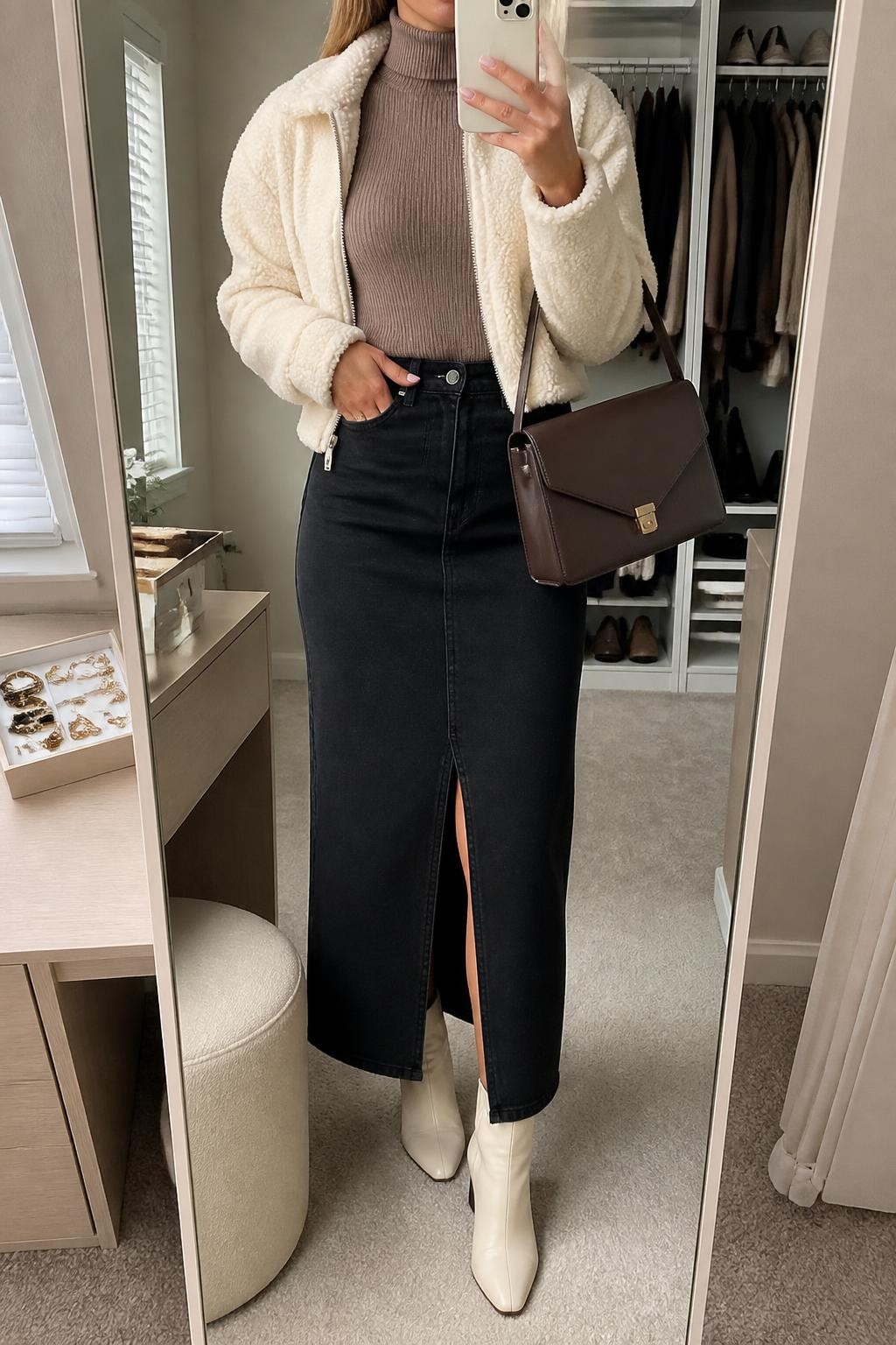 Mirror selfie of a woman wearing a fitted black denim maxi skirt with a back slit, soft mocha ribbed turtleneck, cropped ivory teddy-fleece jacket, cream leather ankle boots, and a structured chocolate-brown shoulder bag, clearly showing the exact clothing items, colors, fabrics, and accessories listed, holding a phone in front of a walk-in closet mirror, cropped at the neck so the face does not show, relaxed casual selfie pose, natural window light, a jewelry tray on the vanity and an open closet with clothes visible, cozy and uncluttered, latest iPhone photo quality.