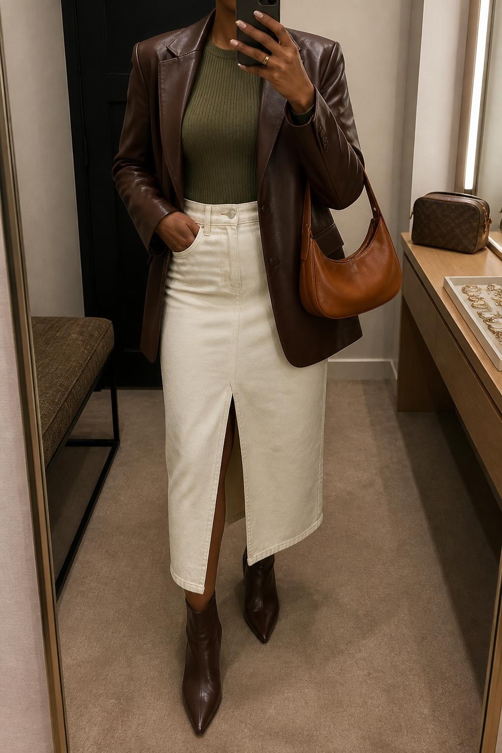 mirror selfie of a Black woman wearing an open chocolate brown faux-leather blazer over an olive fitted ribbed crewneck top, an ecru front-slit denim midi skirt with the slit centered over dark brown pointed-toe ankle boots, and a cognac crescent shoulder bag, clearly showing the exact clothing items, colors, fabrics, boots, and bag listed in the Outfit Pieces section, holding a phone in front of a mirror, cropped at NECK so the face does not show, relaxed confident selfie pose in a minimal dressing room, warm moody lighting, with a jewelry tray on the vanity and a cosmetic bag on the counter, realistic faux-leather, ribbed knit, denim, and leather textures, latest iPhone photo quality