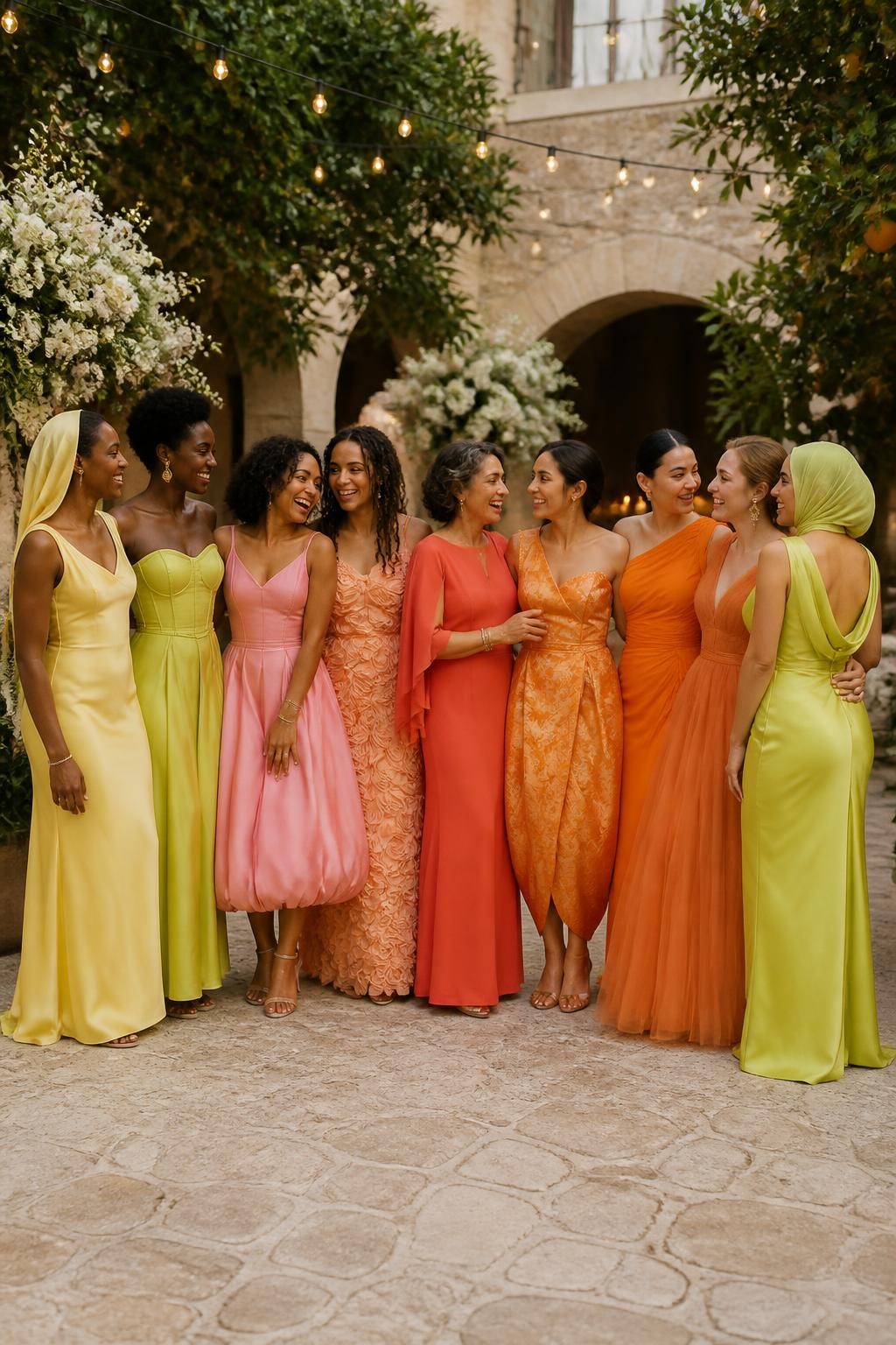 Realistic large bridal-party photograph of nine bridesmaids wearing intentionally coordinated dresses in butter yellow, citron, pink grapefruit, apricot, coral, kumquat orange, tangerine, blood orange, and fresh lime green, fabrics including liquid satin, matte crepe, silk faille, pleated chiffon, floral organza, tonal jacquard, soft tulle, structured twill, and airy chiffon, silhouettes including a hooded-cowl satin column, basque-waist gown, bubble-hem midi, sculpted-rosette column, cape-sleeve dress, tulip-skirt jacquard midi, one-sleeve ruched gown, dropped-waist tulle dress, and draped-back satin gown, women with very deep, deep brown, reddish brown, golden, olive, tan, East Asian fair, and pale freckled skin tones, broad representation of ages, heights, and body shapes, bright beautiful faces and genuine laughter, hairstyles including natural coils, braids, locs, waves, sleek buns, short cuts, and a softly styled hijab, standing in a lush Mediterranean-style estate courtyard with cream stone, mature citrus trees, ivory flowers, and warm string lights, every fabric reacting differently to the evening light, realistic spacing, natural hands, candid movement, and believable proportions.