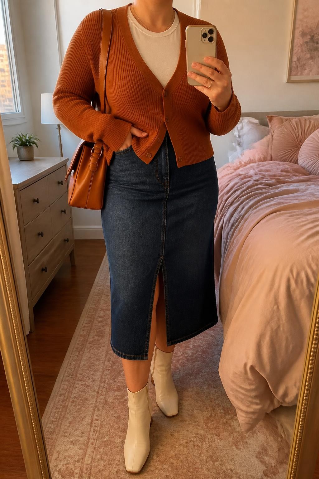 mirror selfie of a curvy woman wearing a rust ribbed V-neck cardigan buttoned halfway over an ivory fitted crewneck T-shirt, a dark-wash front-slit denim midi skirt, cream leather ankle boots, and a cognac leather shoulder bag, clearly showing the exact clothing items, colors, fabrics, boots, and bag listed in the Outfit Pieces section, holding a phone in front of a mirror, cropped at NECK so the face does not show, relaxed casual selfie pose in a feminine-themed bedroom, evening golden hour light, with soft pillows on an unmade bed and a small plant on a dresser, realistic ribbed knit, cotton, denim, and leather textures, latest iPhone photo quality