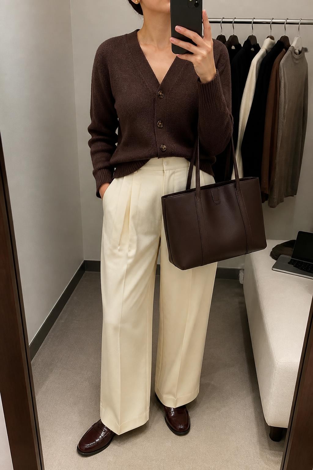 Mirror selfie of a woman wearing a chocolate-brown V-neck cardigan with tortoiseshell buttons, high-waisted cream wide-leg trousers, burgundy leather loafers, a structured dark brown tote bag, and delicate gold stud earrings, clearly showing the exact clothing items, colors, fabrics, and accessories listed, holding a phone in front of a minimal dressing room mirror, cropped at the neck so the face does not show, relaxed casual selfie pose, soft indoor lighting, a clothing rack with garments behind and a laptop on a bench, polished yet natural, latest iPhone photo quality.