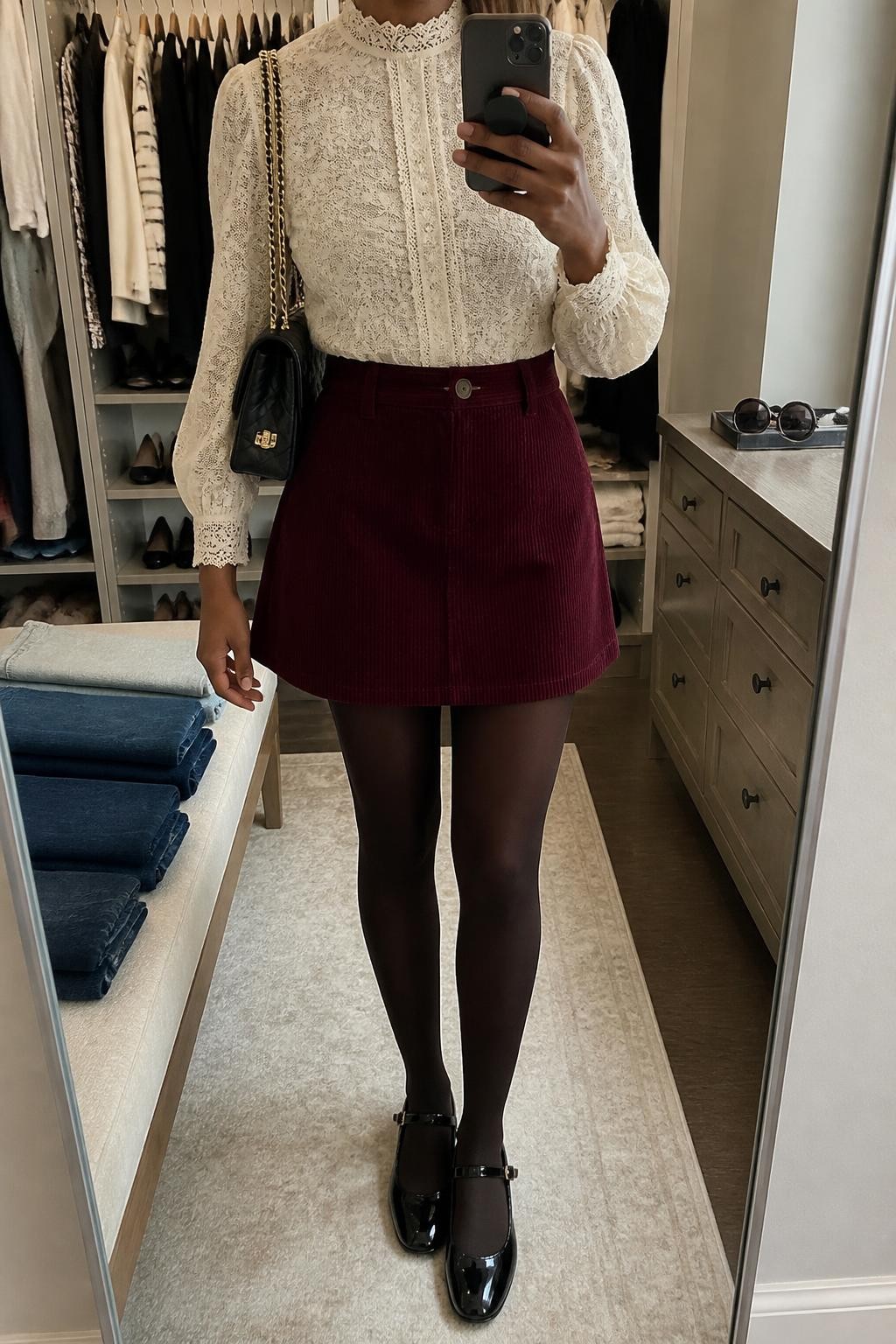 Image Prompt mirror selfie of a Black woman wearing an ivory high-neck lace blouse with softly puffed sleeves tucked fully into a burgundy A-line corduroy mini skirt, chocolate brown opaque tights, black patent leather Mary Jane shoes, and a black quilted mini shoulder bag, clearly showing the exact clothing items, colors, fabrics, tights, shoes, and bag listed in the Outfit Pieces section, holding a phone in front of a mirror, cropped at NECK so the face does not show, relaxed feminine selfie pose in a walk-in closet mirror, soft indoor lighting, with folded denim jeans on a bench and sunglasses placed on a dresser, realistic lace, corduroy, tights, patent leather, and quilted textures, latest iPhone photo quality